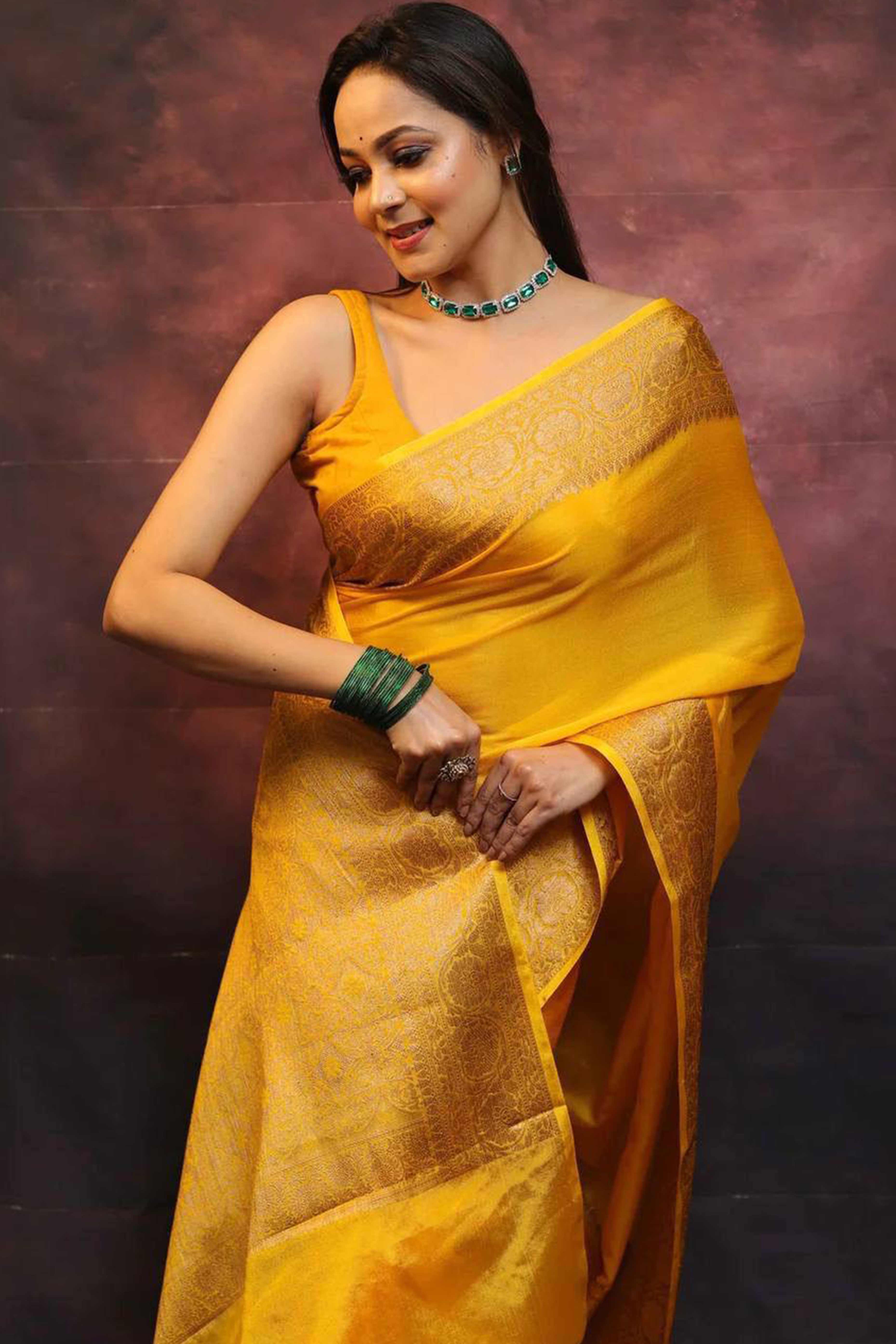 Mustard Floral Woven Lichi Banarasi Silk Saree