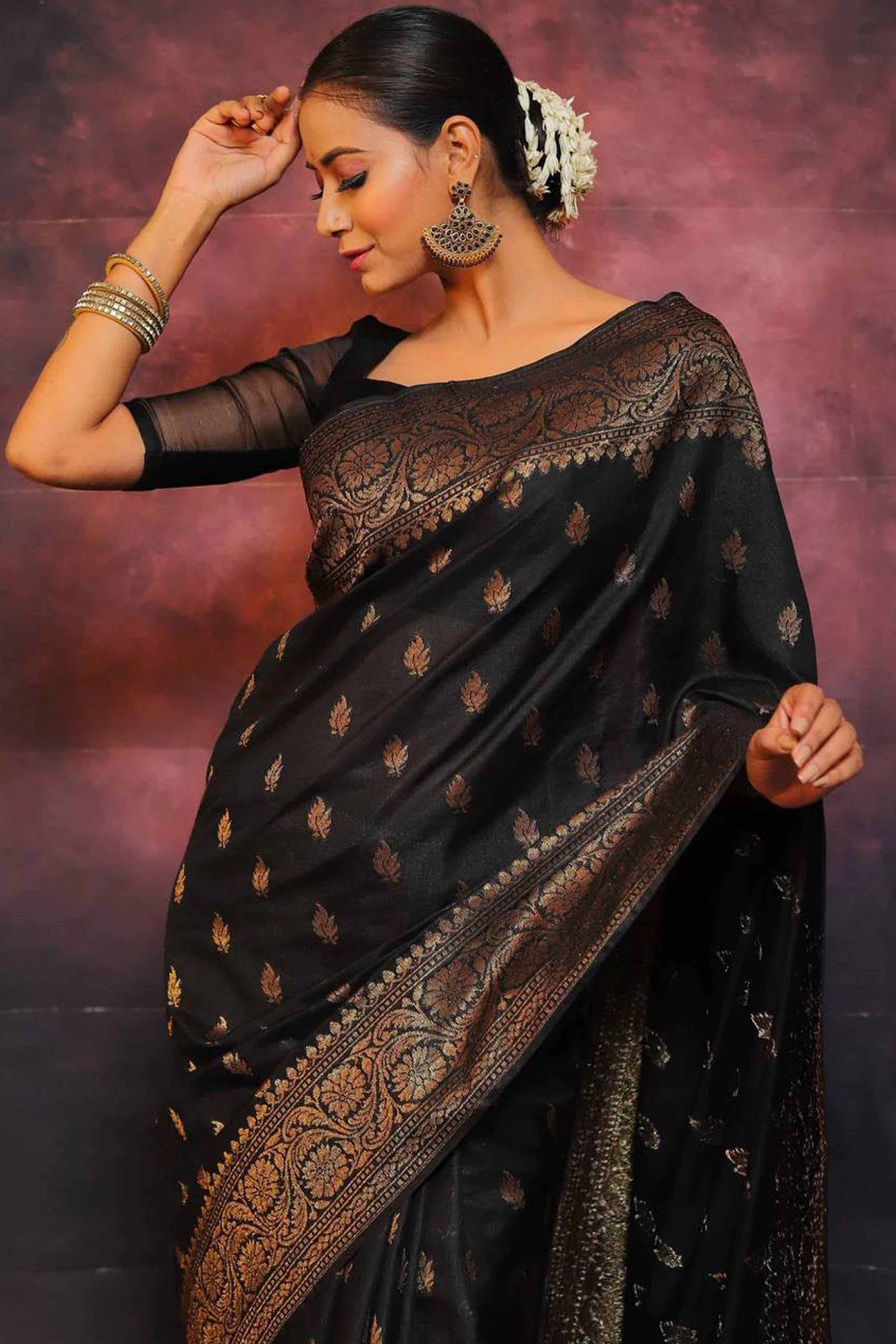 Black Organic Banarasi Silk Saree with Floral Zari Craftsmanship