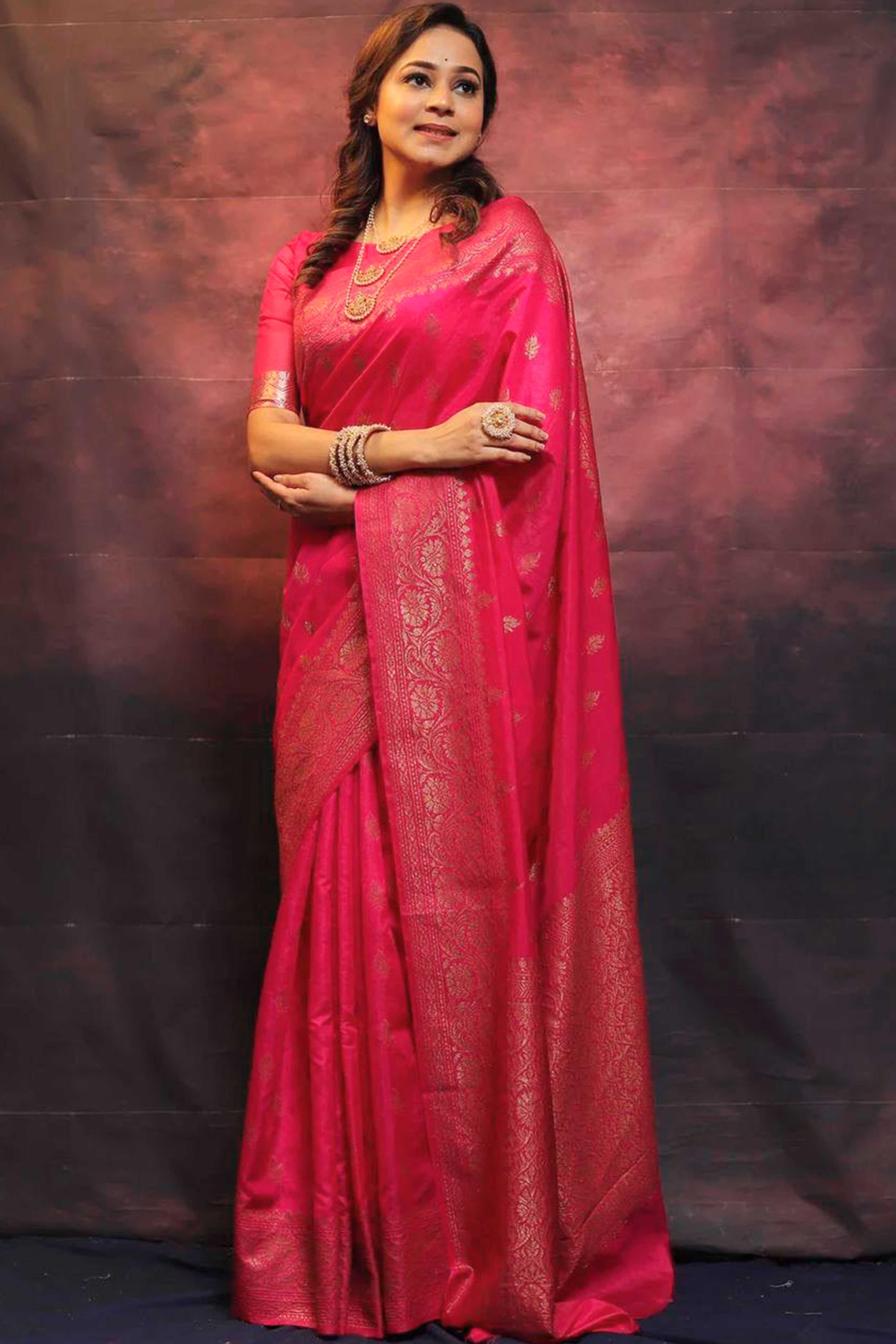 Pink Organic Banarasi Silk Saree with Floral Zari Accents