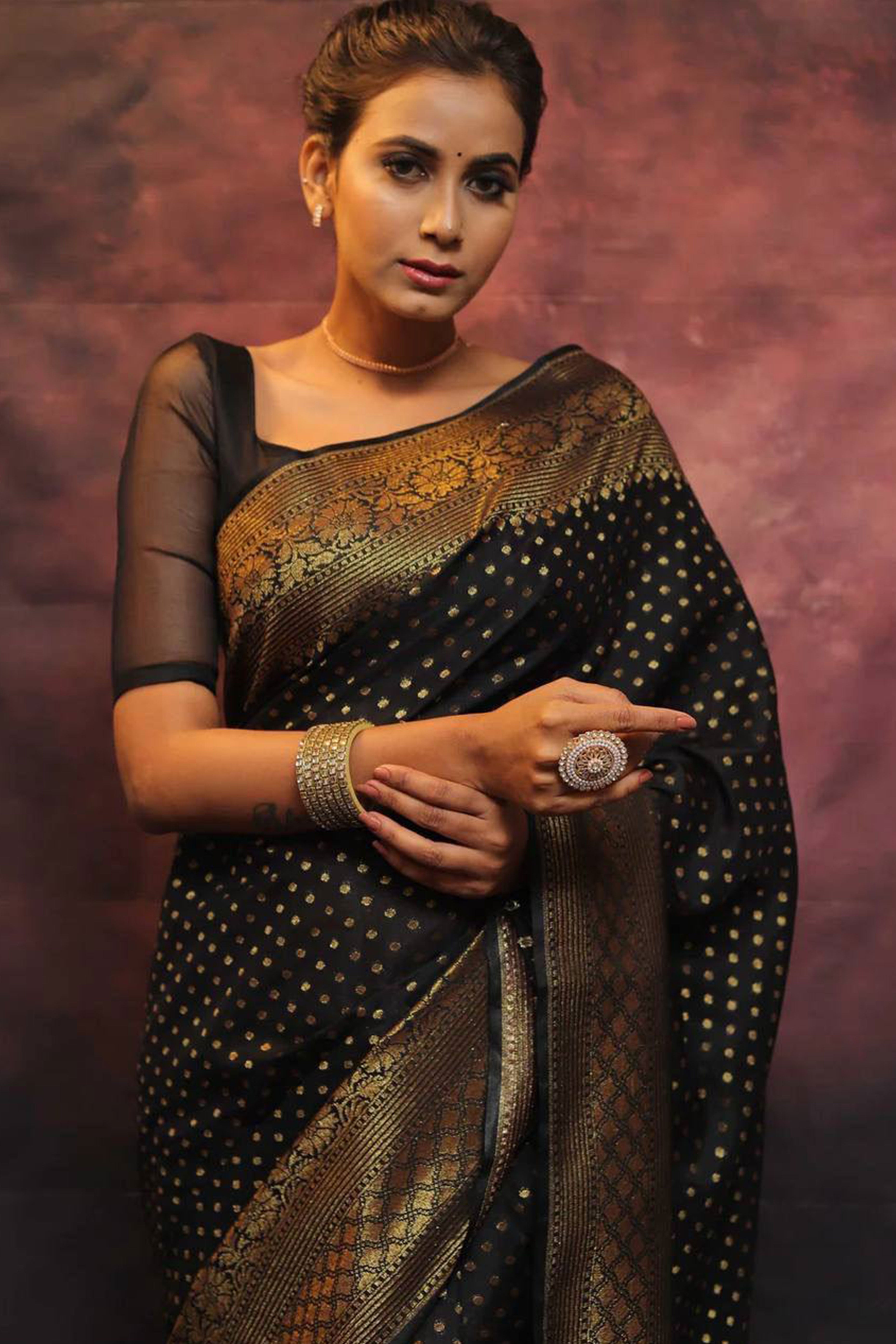 Black Floral Woven Lichi Banarasi Silk Saree