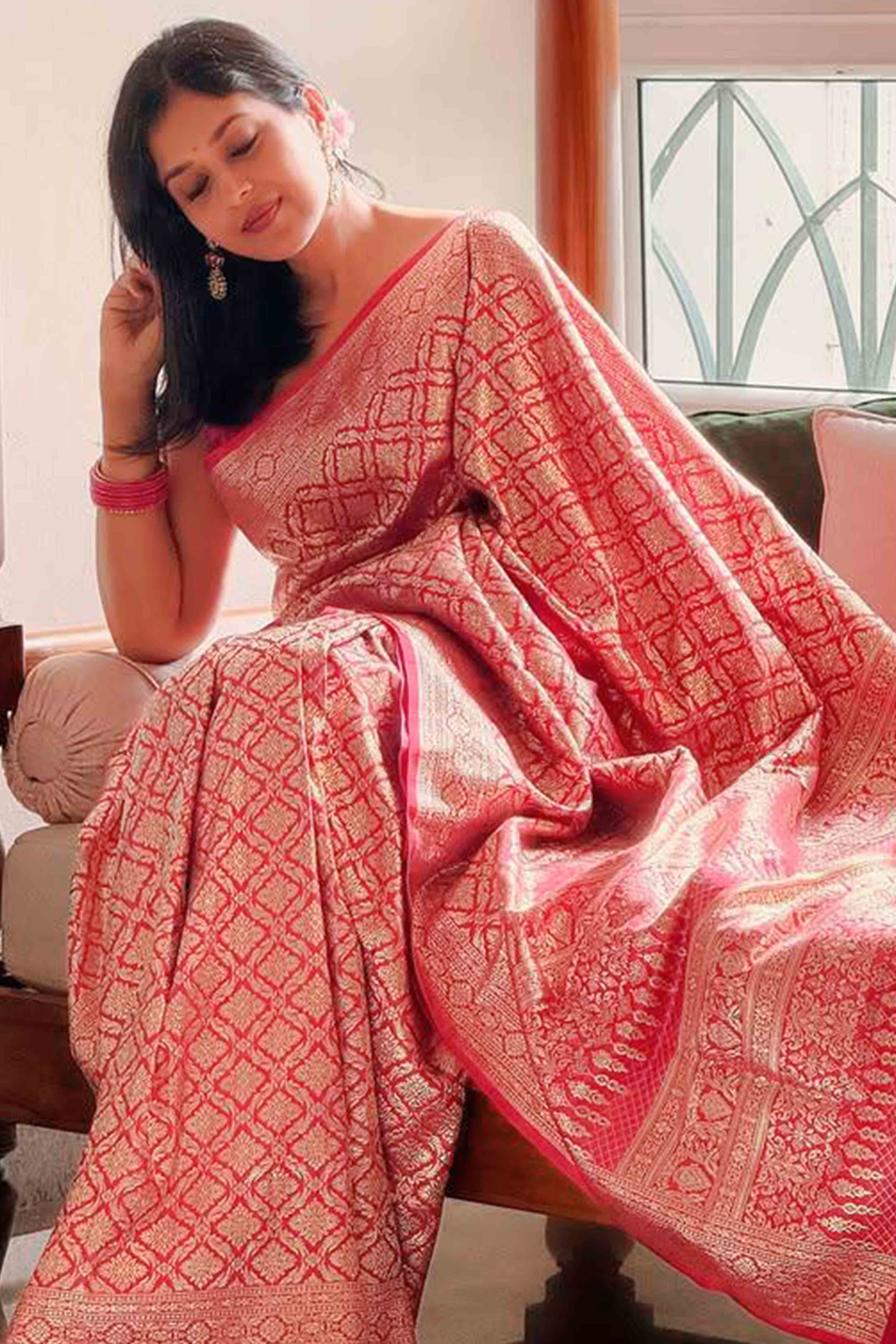 Pink Banarasi Silk Saree With Intricate Zari Floral Weaving