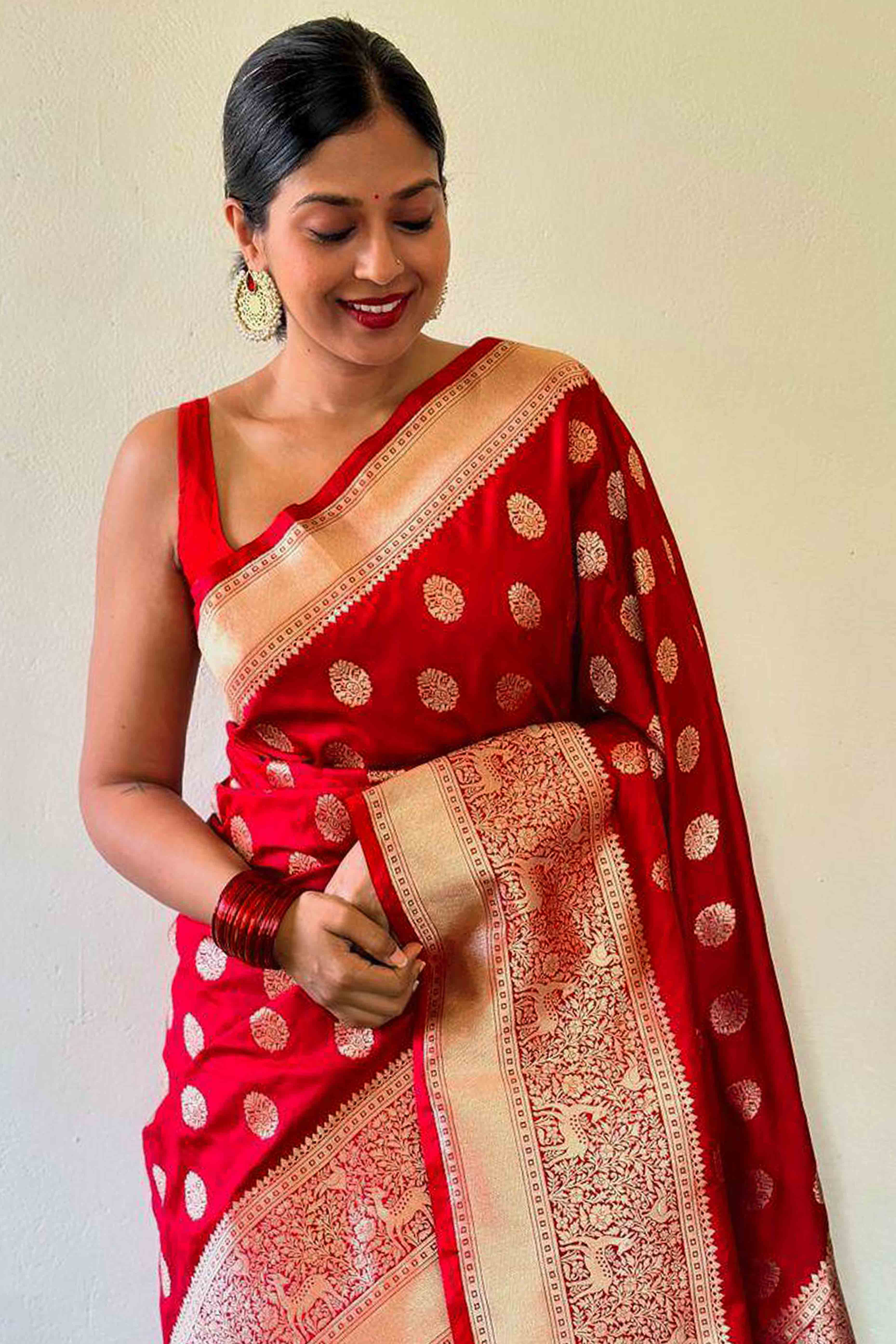 Radiant Red Banarasi Silk Saree With Intricate Zari Butti Weaving