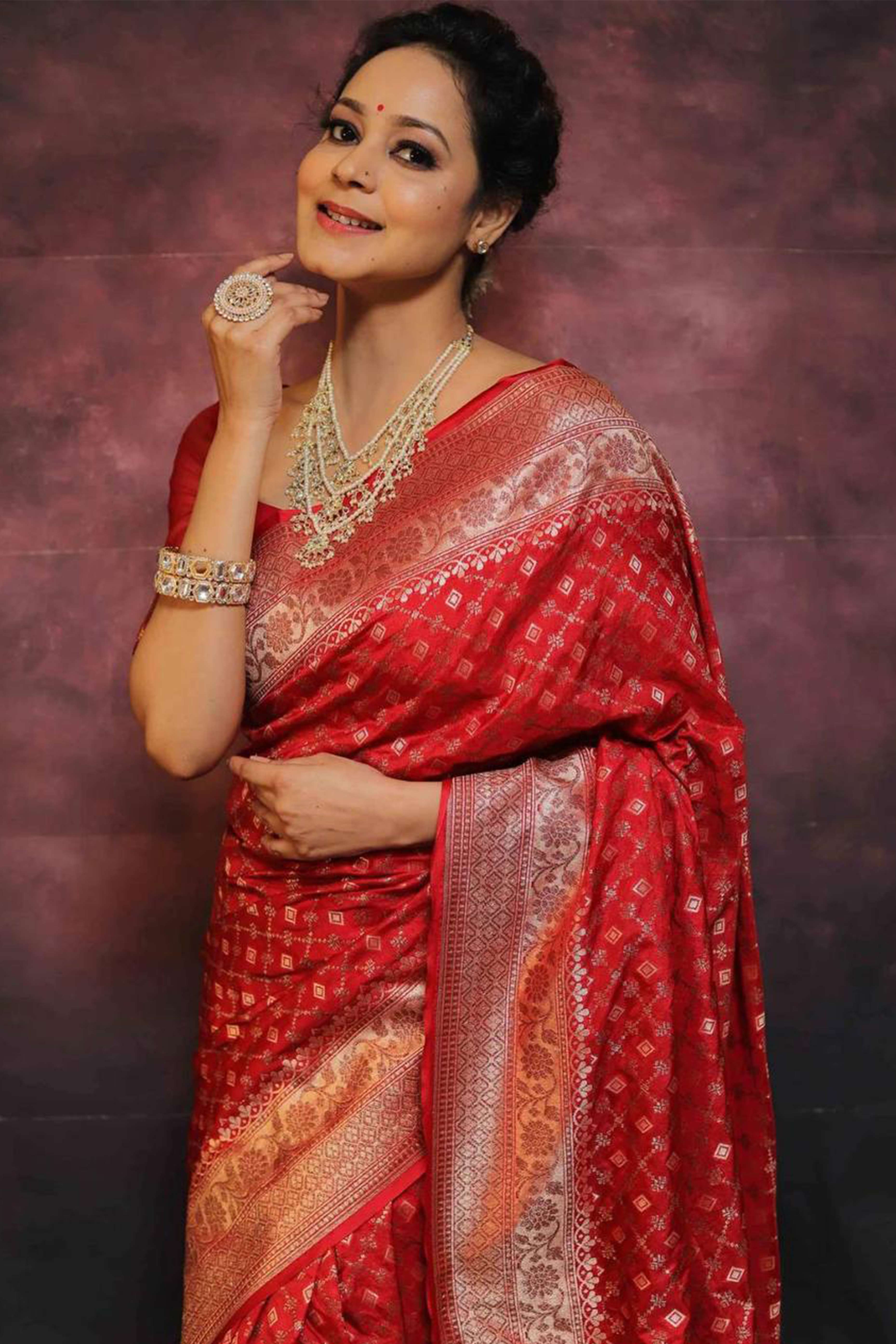 Red Floral Woven Lichi Banarasi Silk Saree