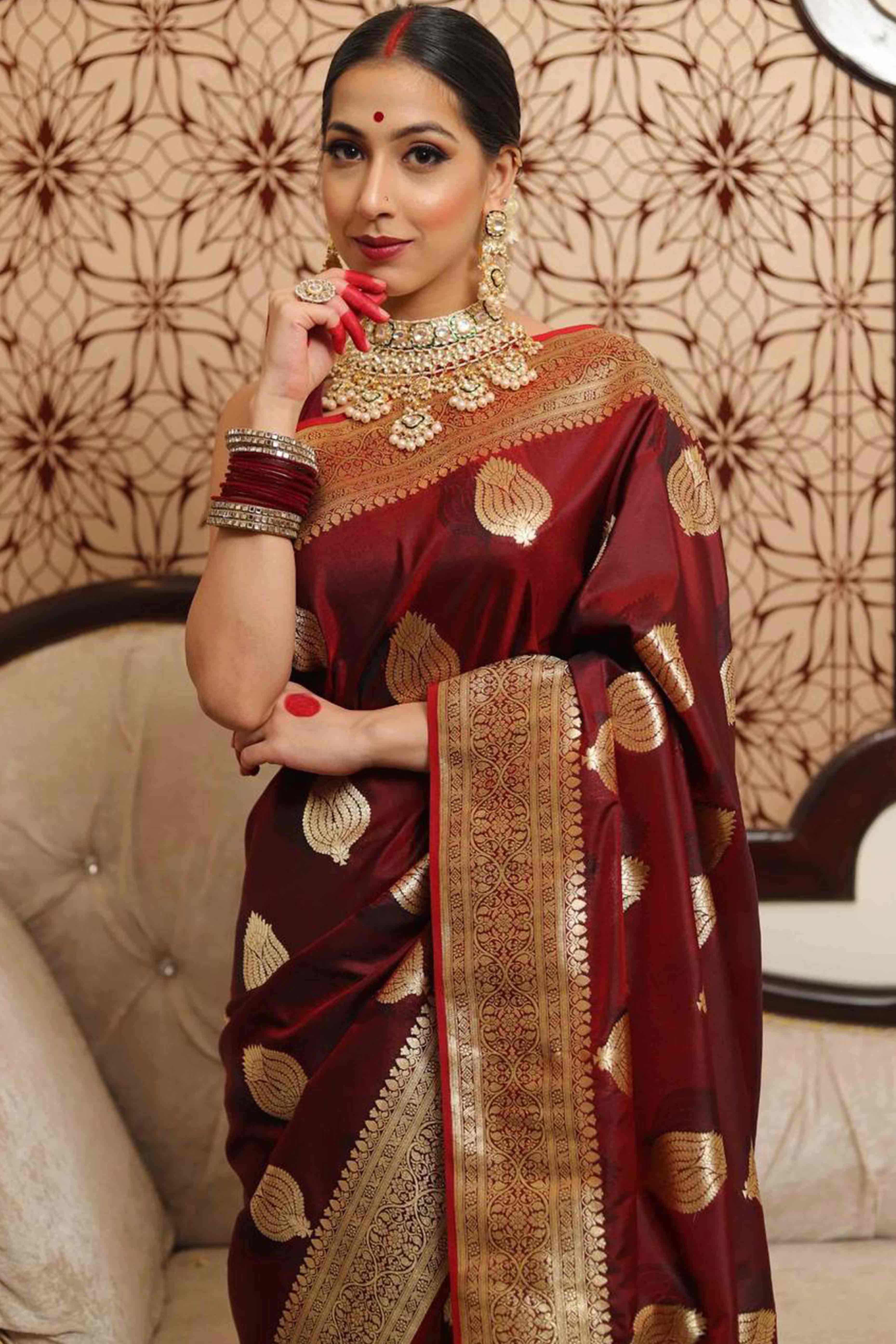 Maroon Floral Woven Lichi Banarasi Silk Saree