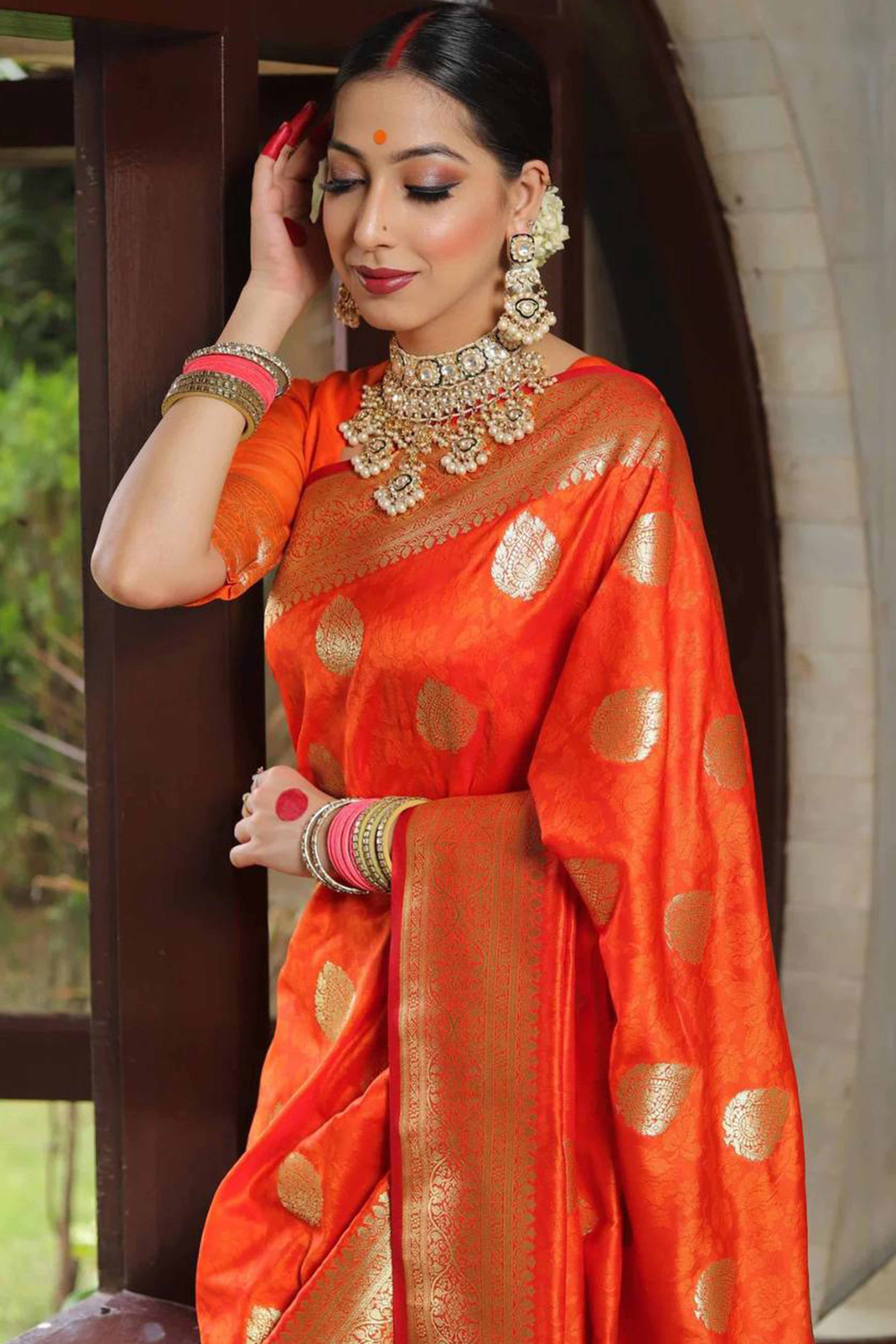 Orange Floral Woven Lichi Banarasi Silk Saree