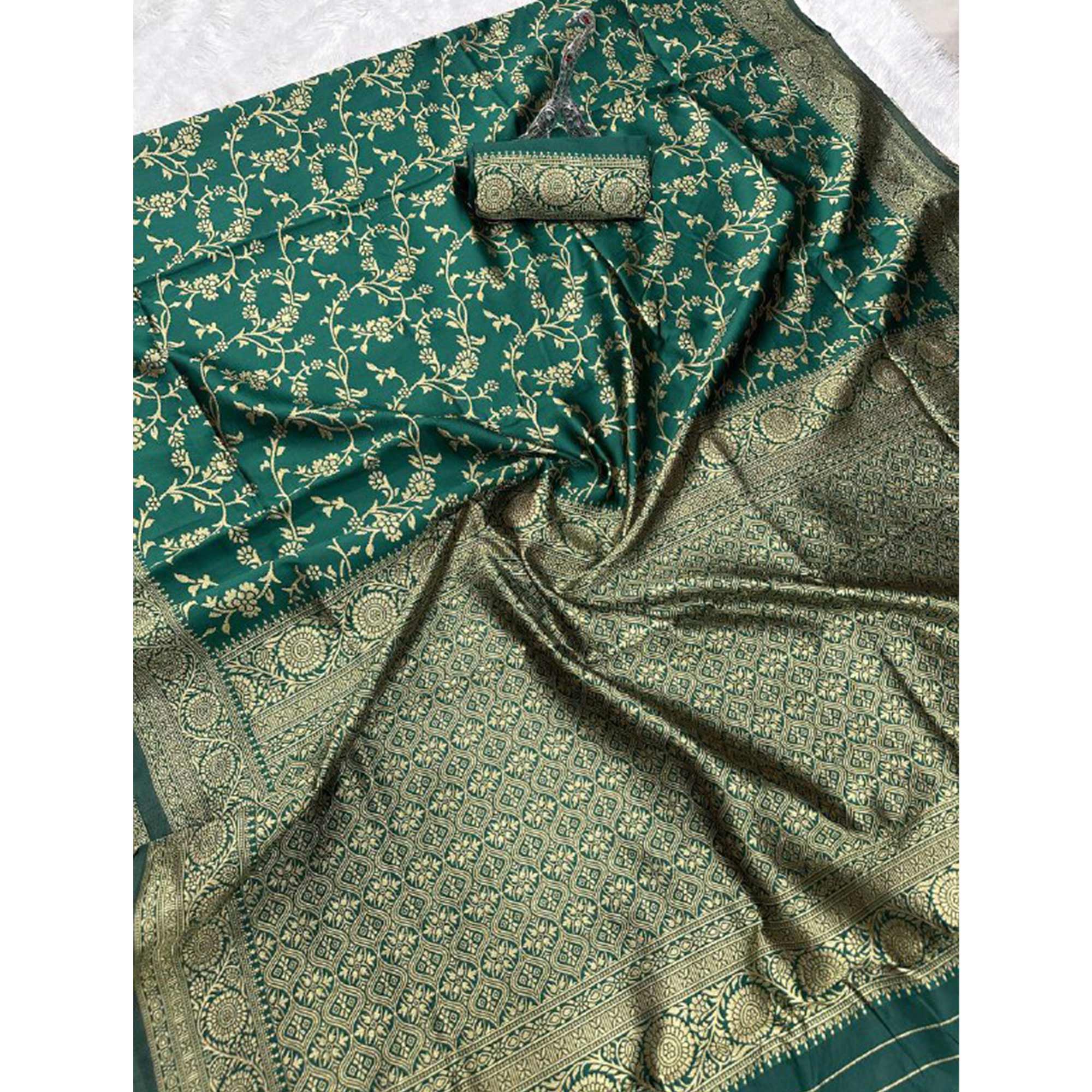 Green Saree in Pure Banarasi Silk with Artistically Woven Floral Zari Accents