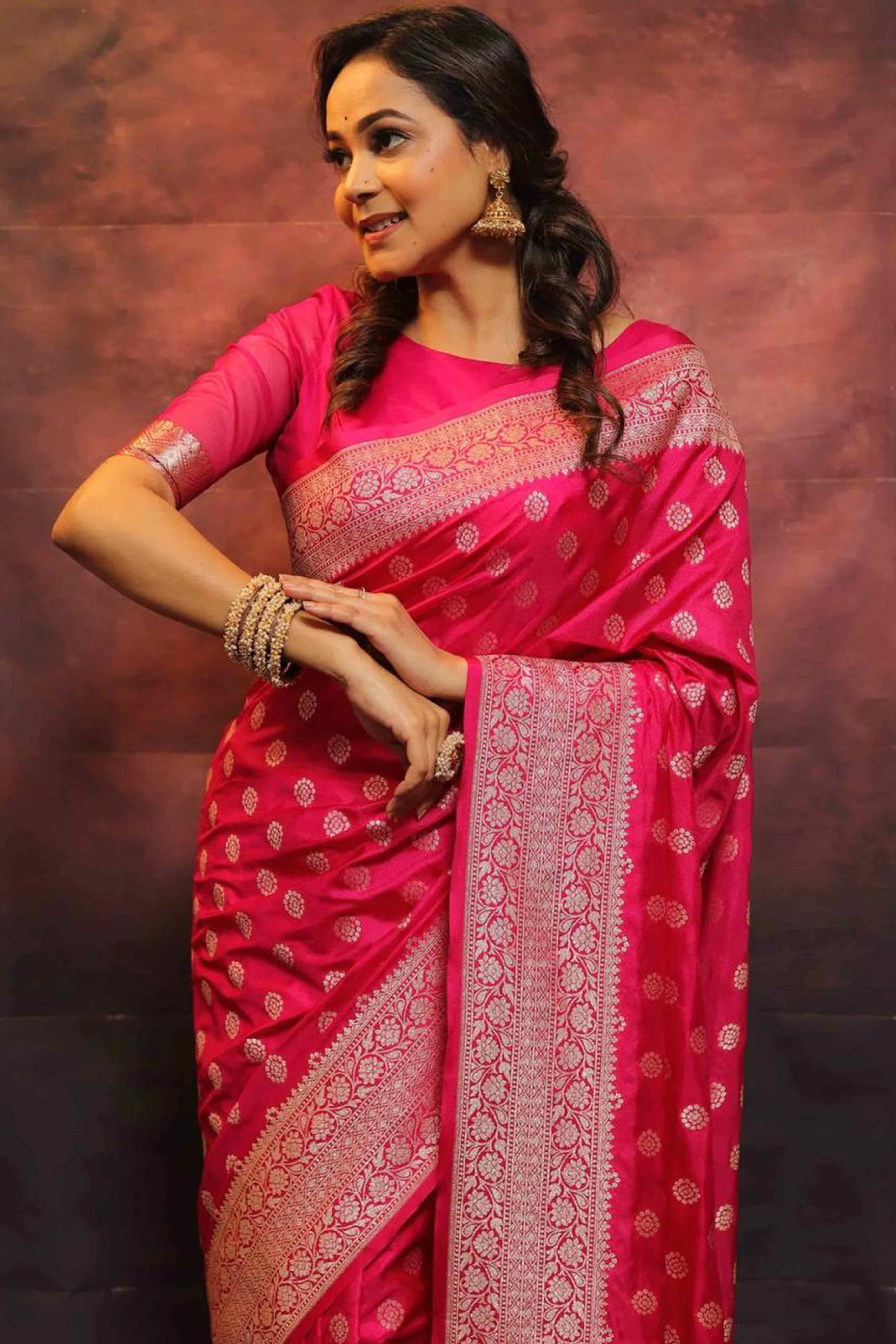 Rich Pink Banarasi Saree in Pure Silk with Traditional Zari Butti Weaving