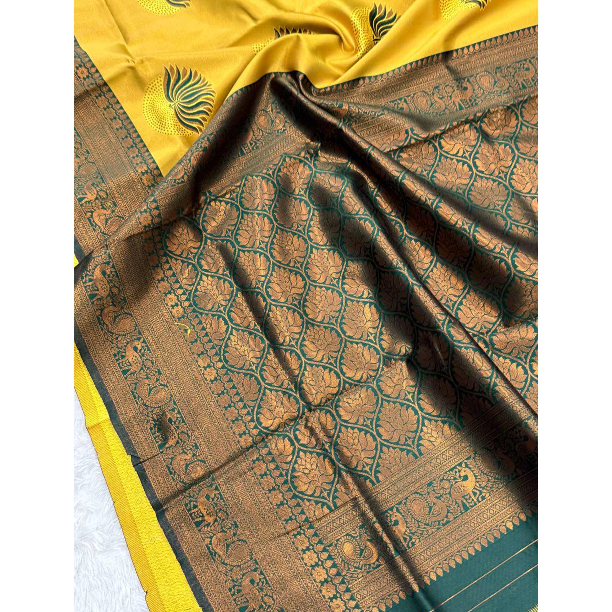 Yellow & Green Floral Zari Weaving Banarasi Silk Saree Embellished With Unique Border & Pallu
