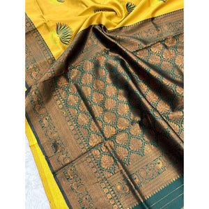 Yellow & Green Floral Zari Weaving Banarasi Silk Saree Embellished With Unique Border & Pallu
