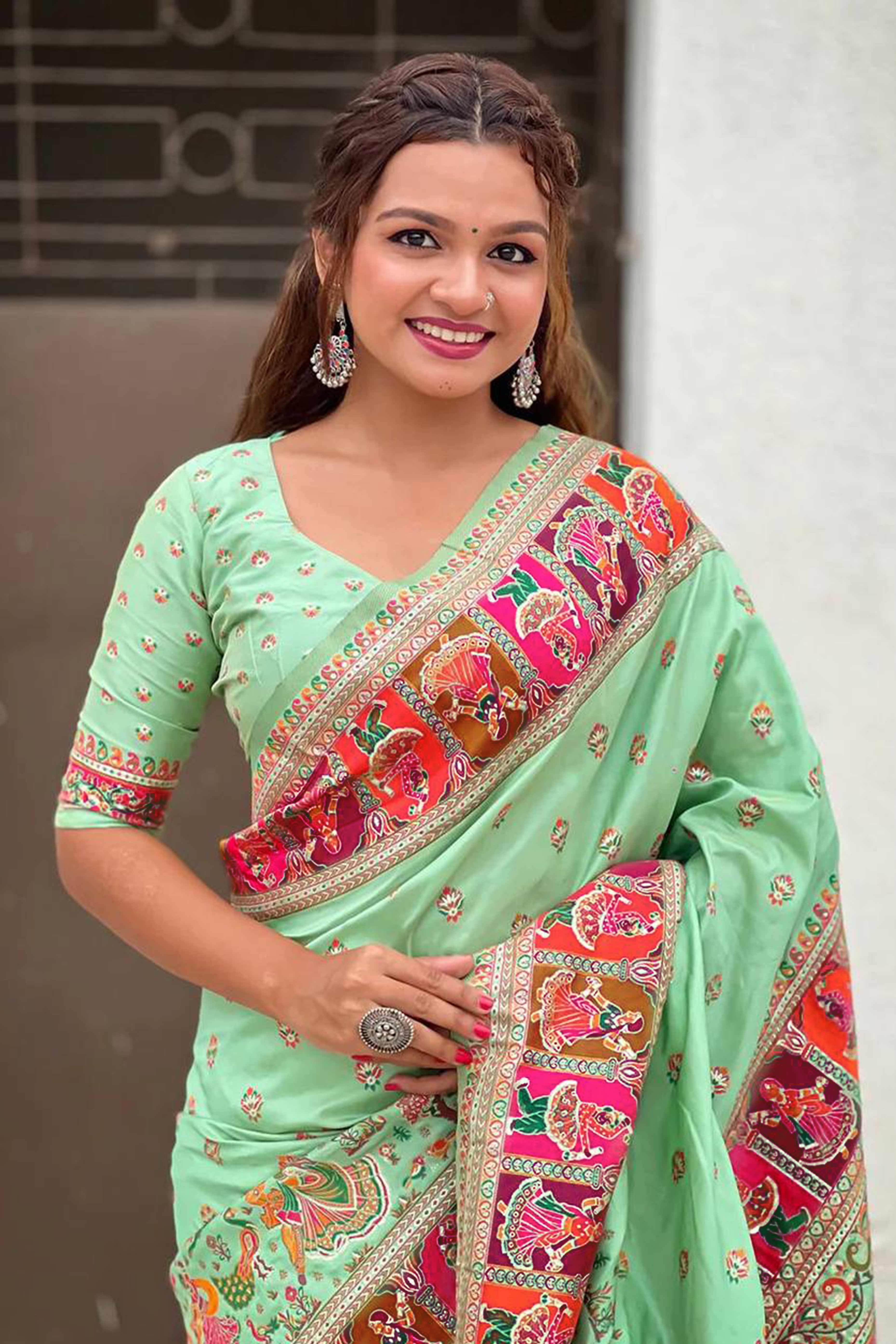 Pista Green Pashmina Silk Saree Enhanced with Intricate Rajwadi Zari Weaves for Festive Elegance