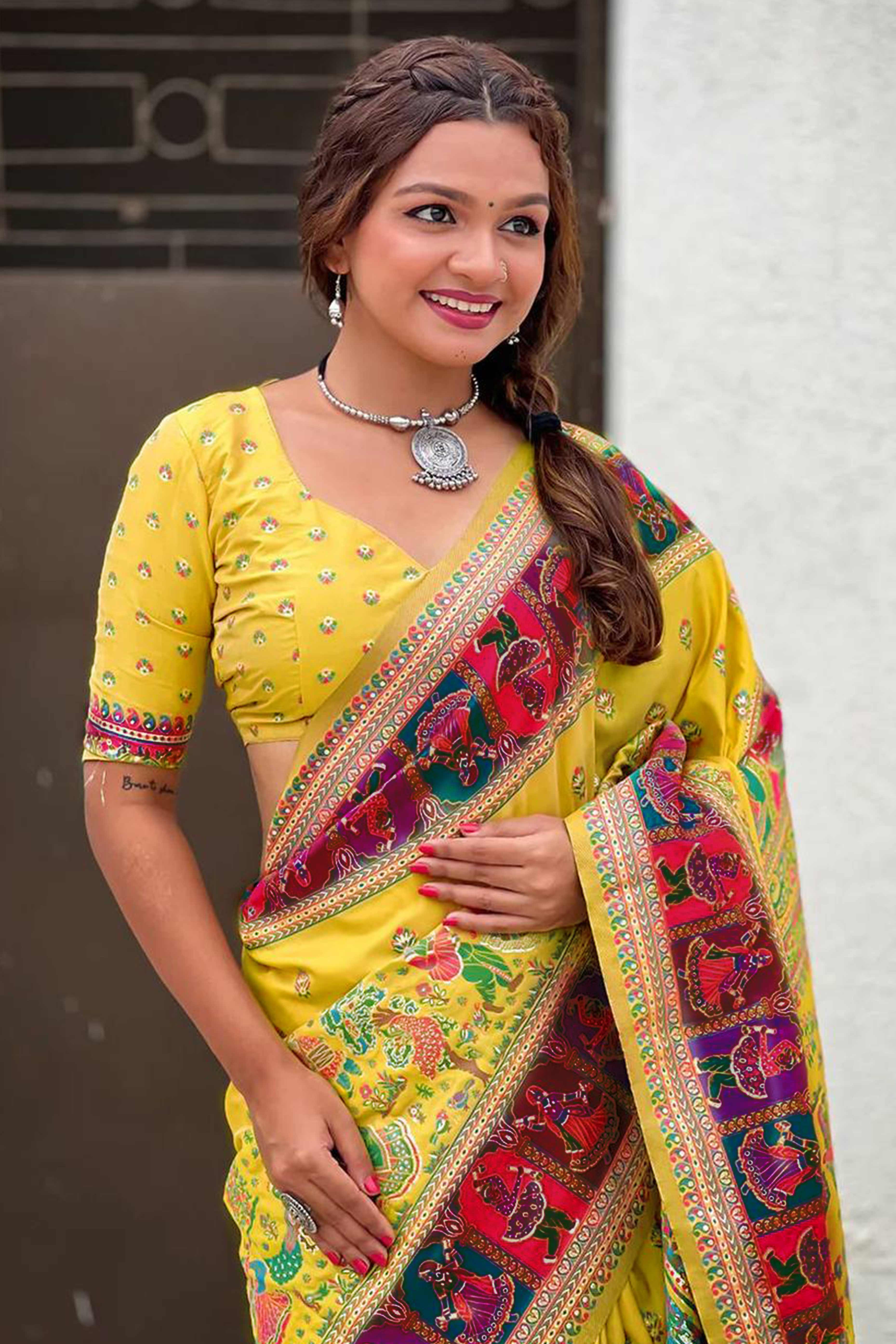 Yellow Pashmina Silk Saree Enhanced with Intricate Rajwadi Zari Weaves for Festive Elegance