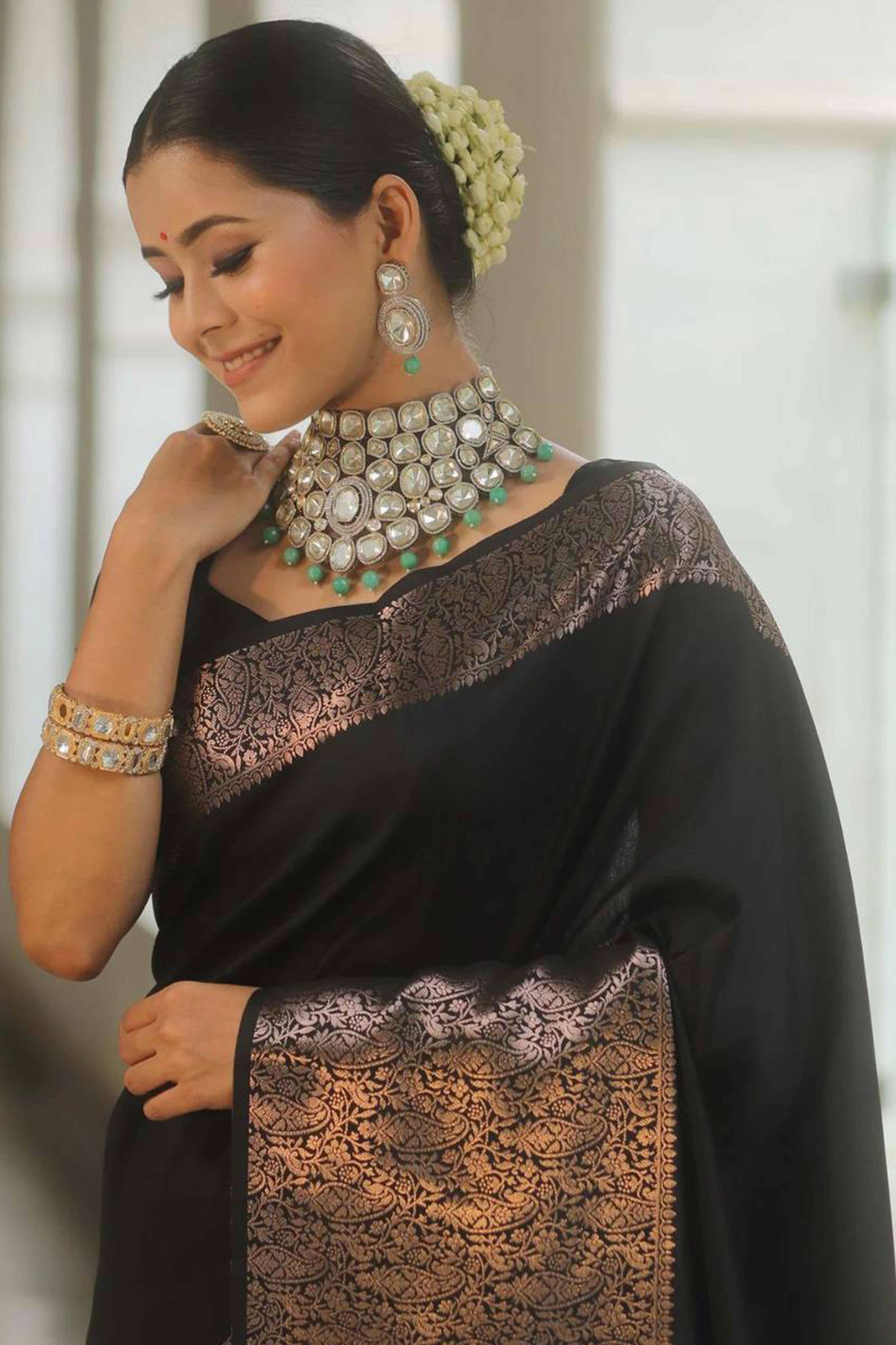 Black Floral Woven Border Lichi Banarasi Silk Saree