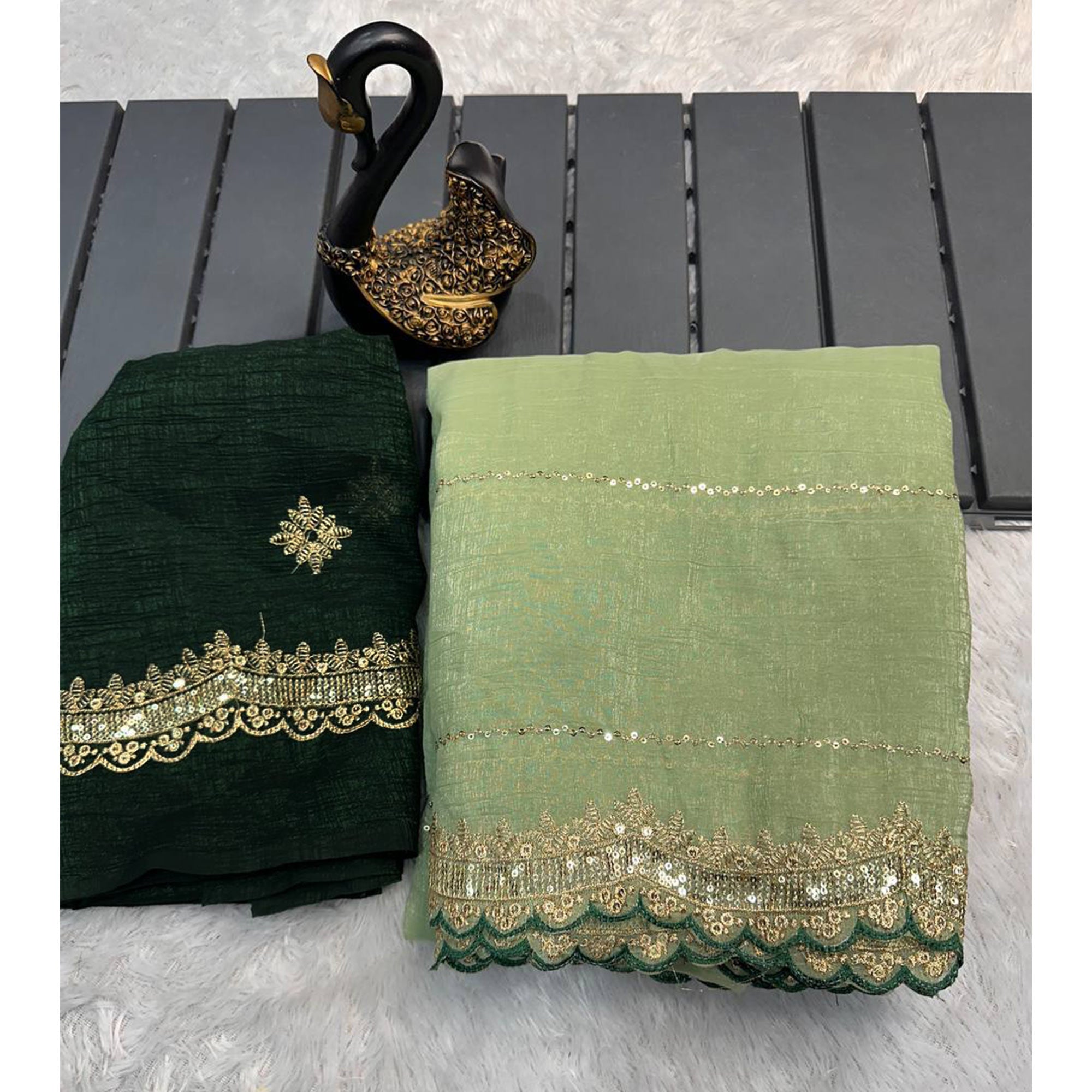 Green Sequins Embroidered Tussar silk Saree