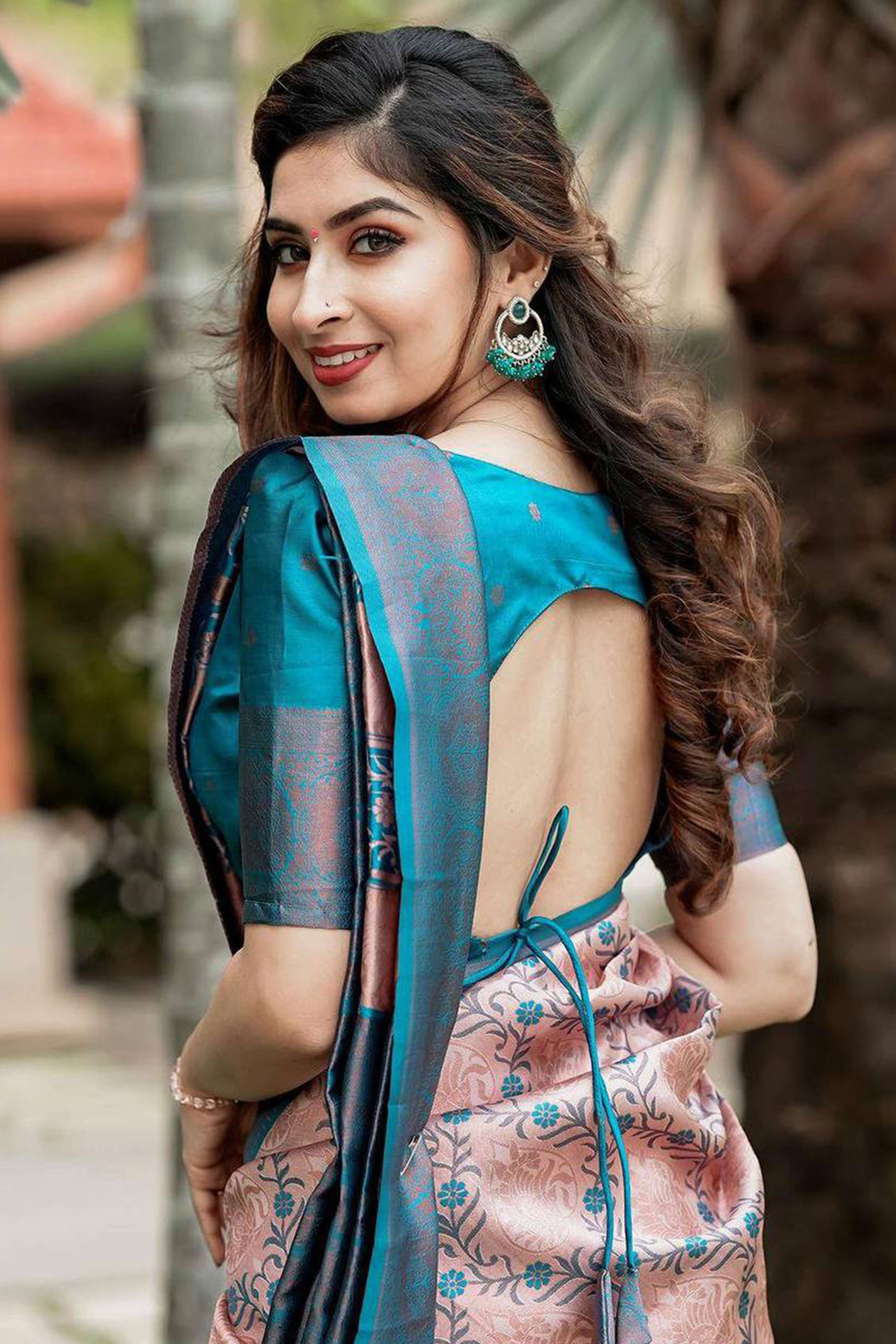 Peach & Blue Floral Woven Lichi Banarasi Silk Saree