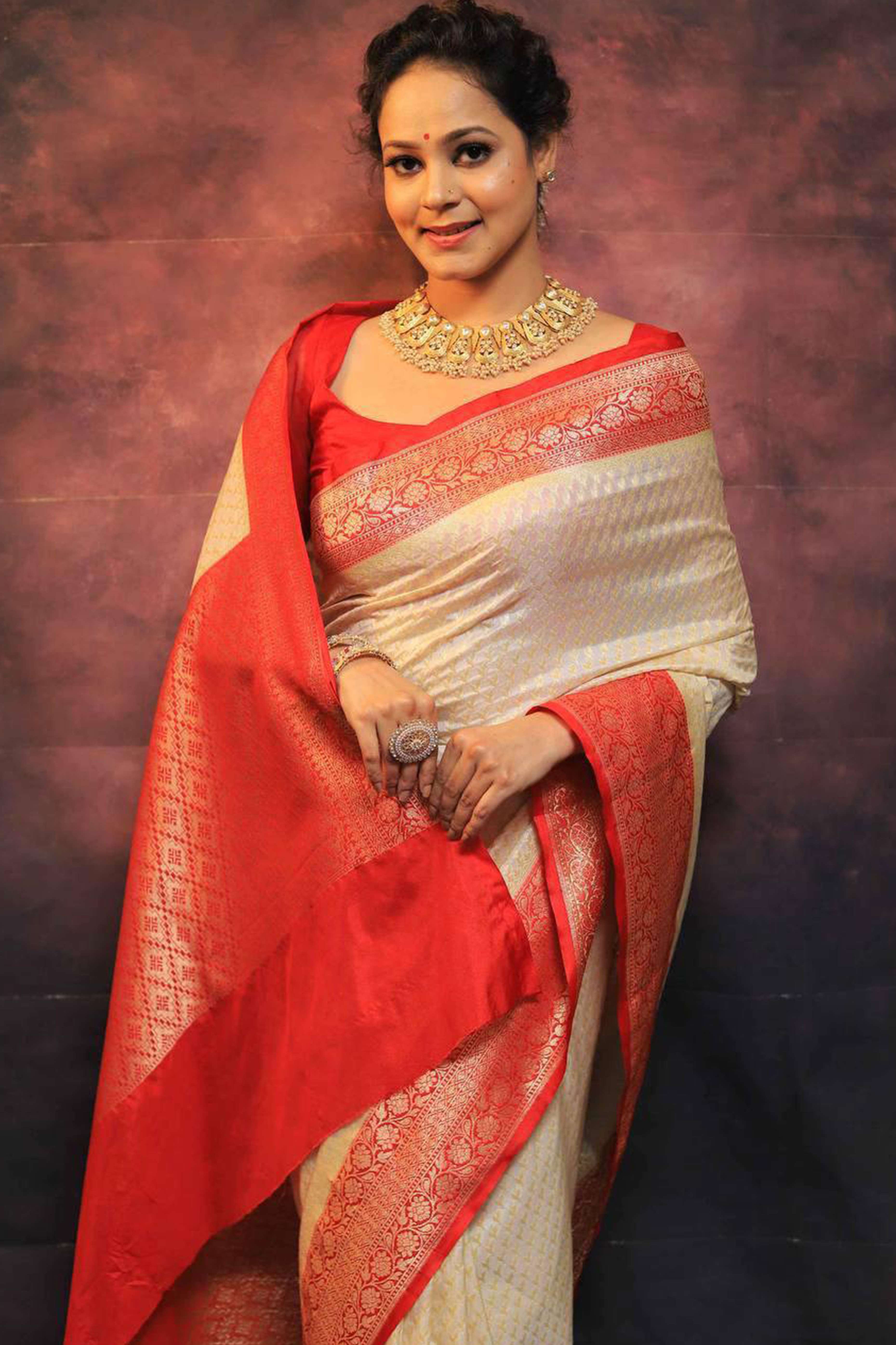 Cream & Red Woven Lichi Banarasi Silk Saree