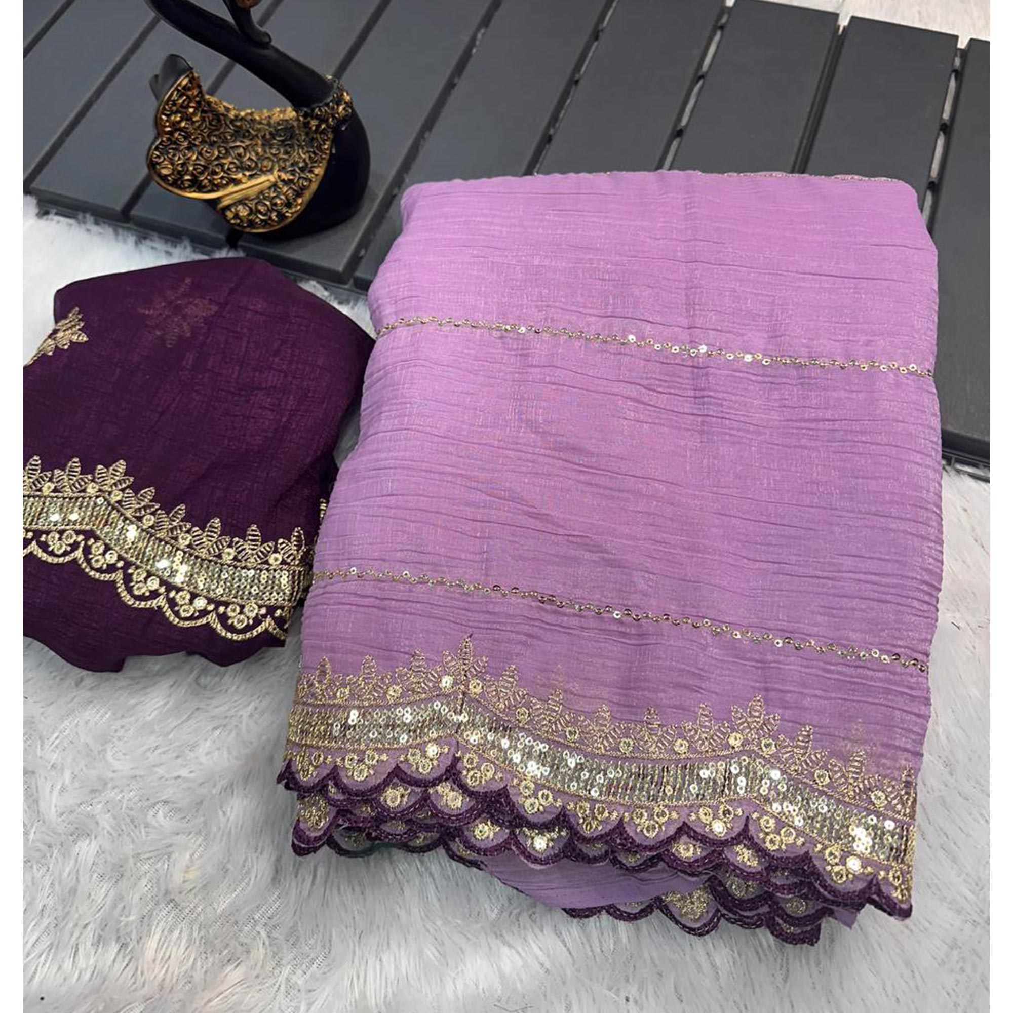 Purple Sequins Embroidered Tussar silk Saree