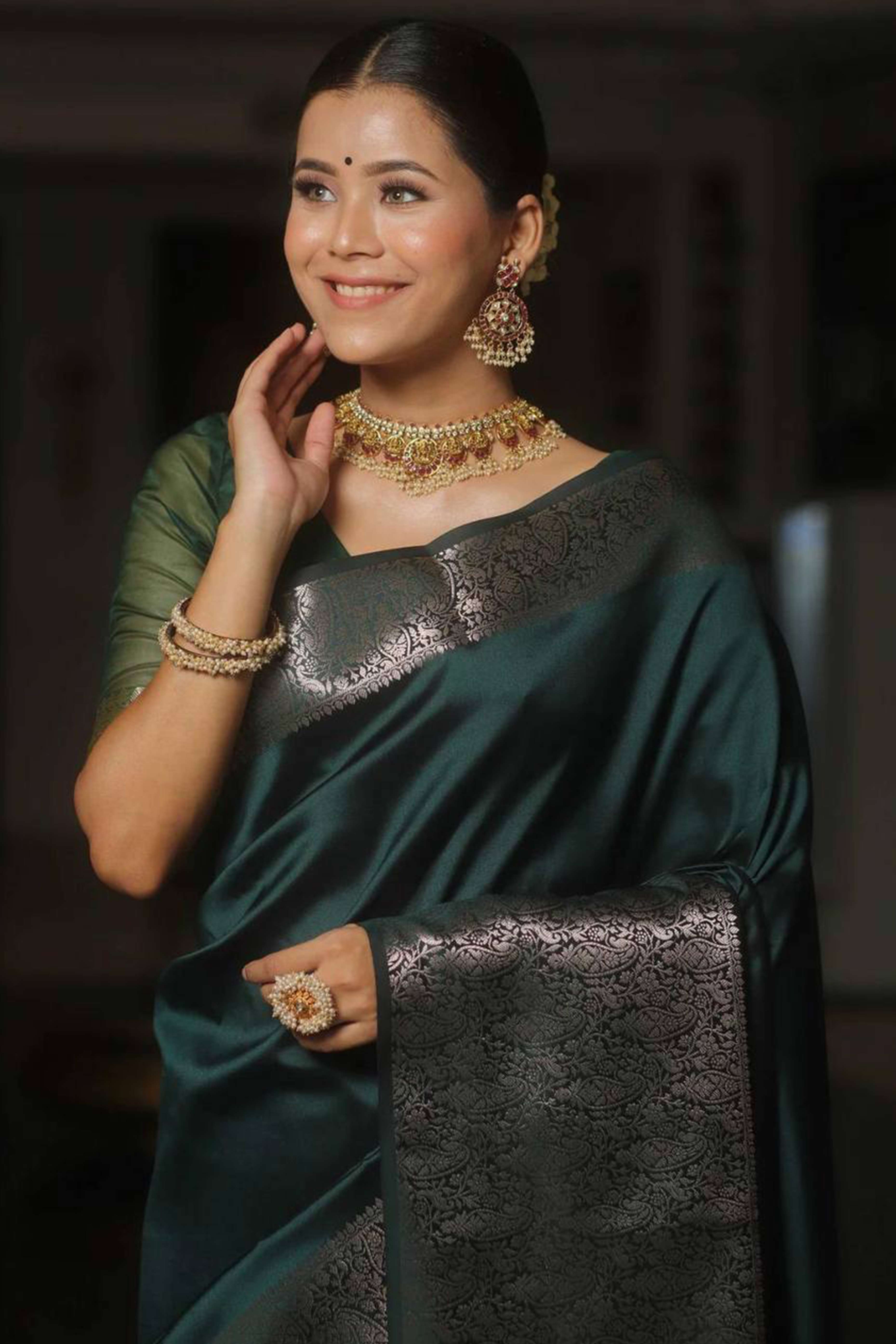 Green Floral Woven Border Lichi Banarasi Silk Saree