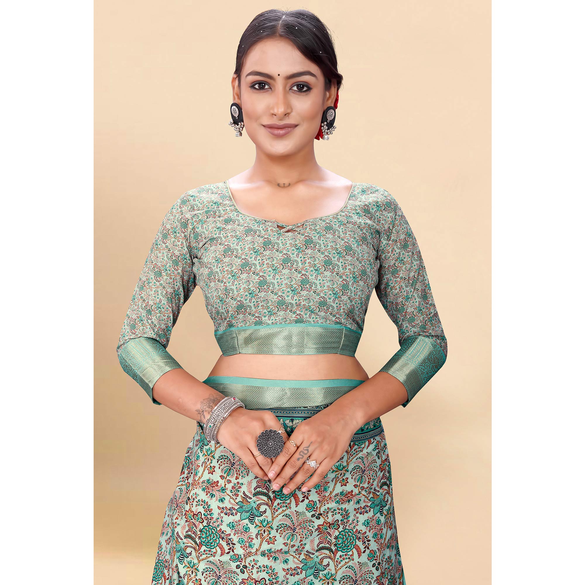 Blue Floral Digital Printed Pure Cotton Saree