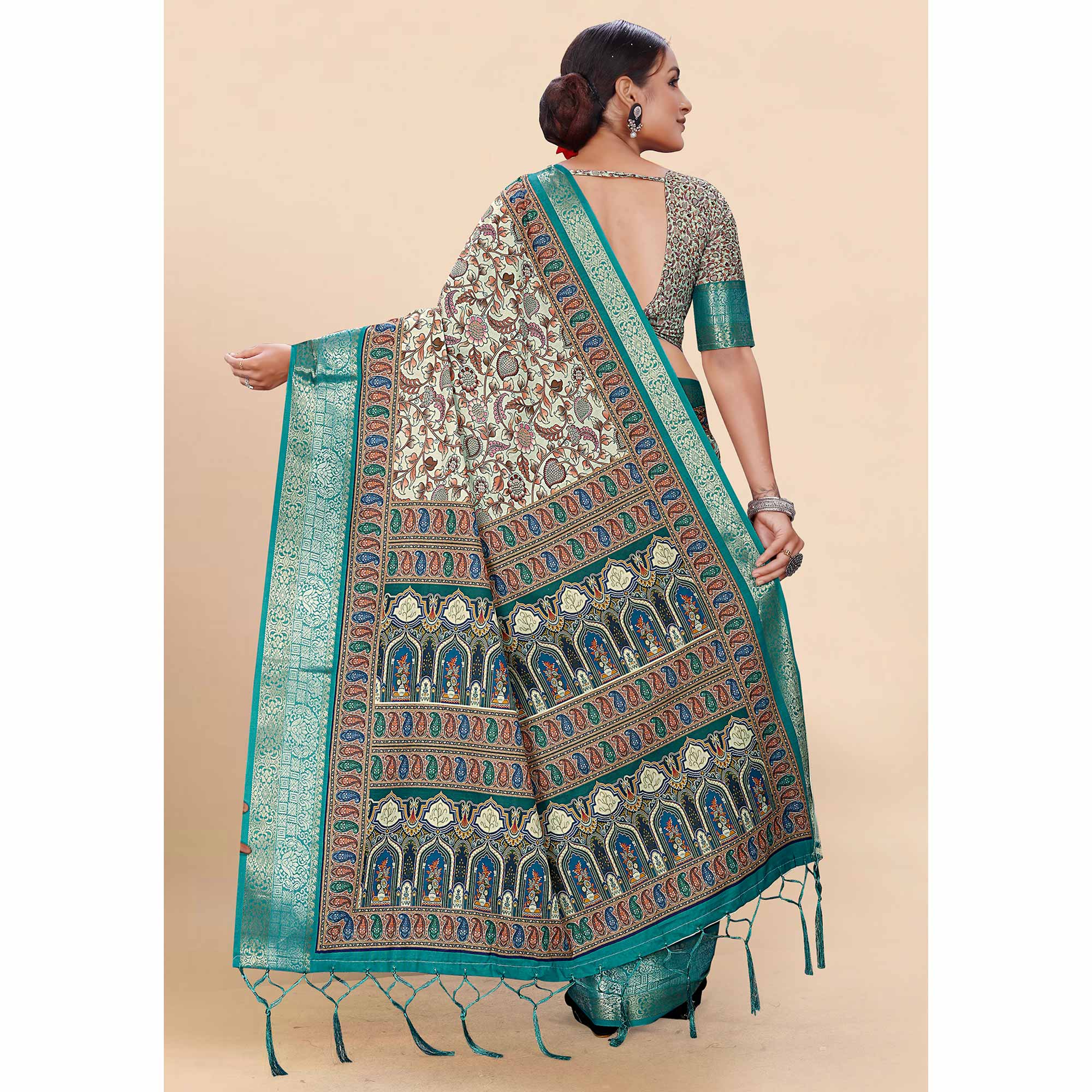 Blue Floral Digital Printed Pure Cotton Saree