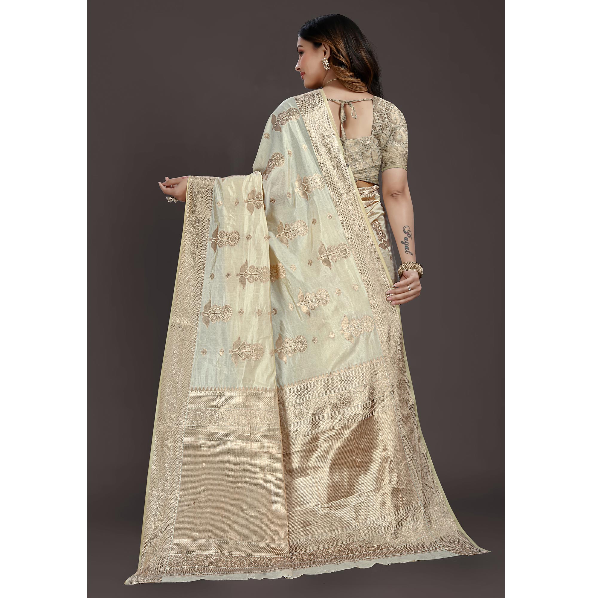 Cream Floral Woven Raw Silk Saree