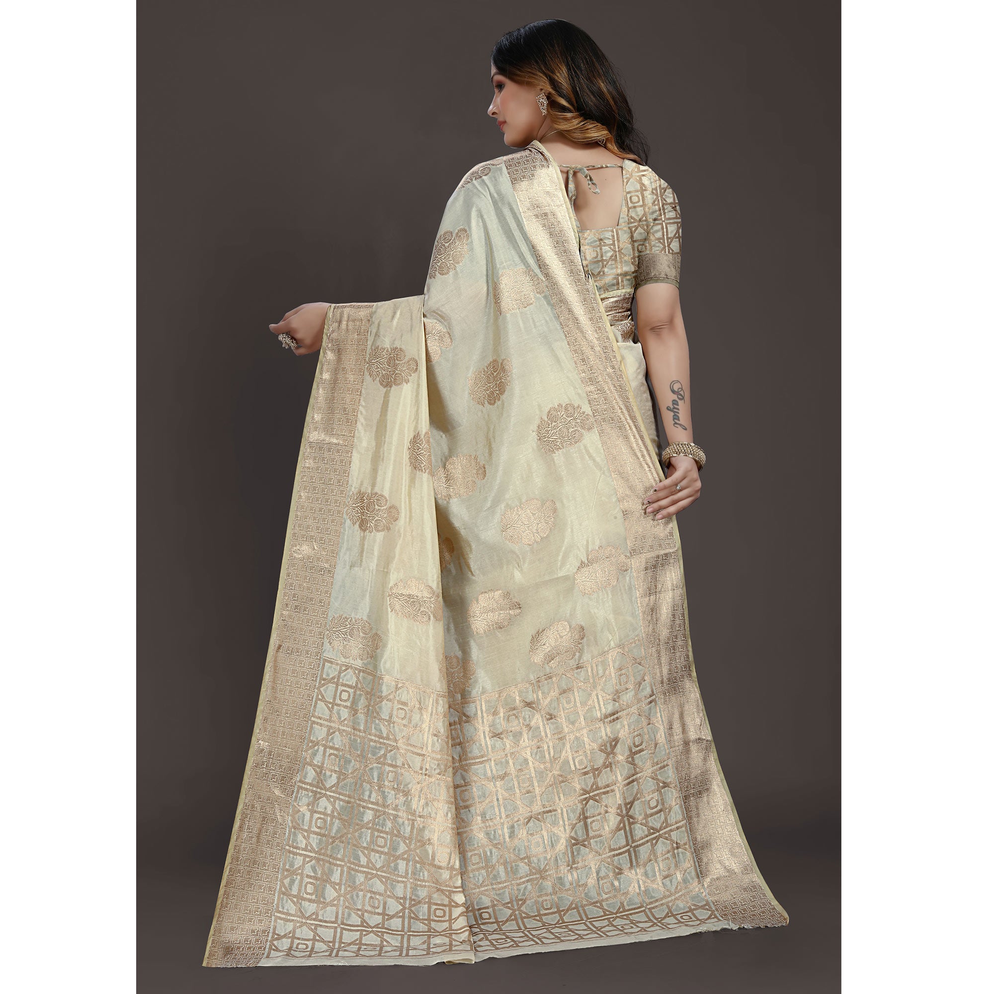 Cream Floral Woven Raw Silk Saree