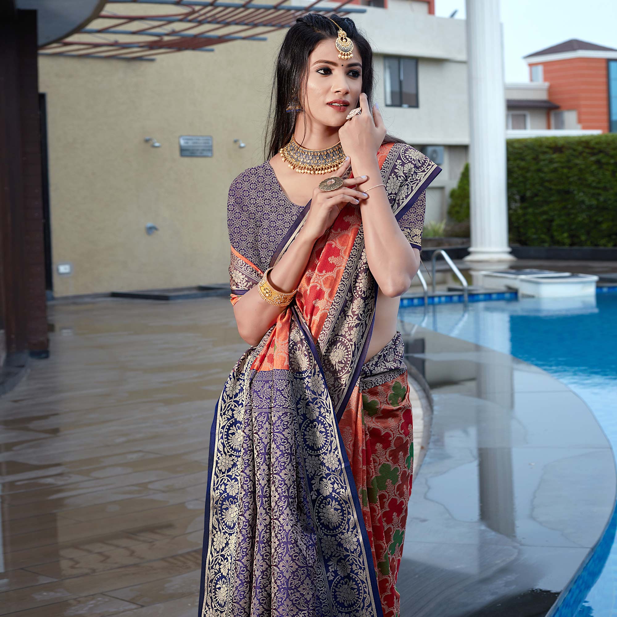 Peach Floral Woven Art Silk Saree