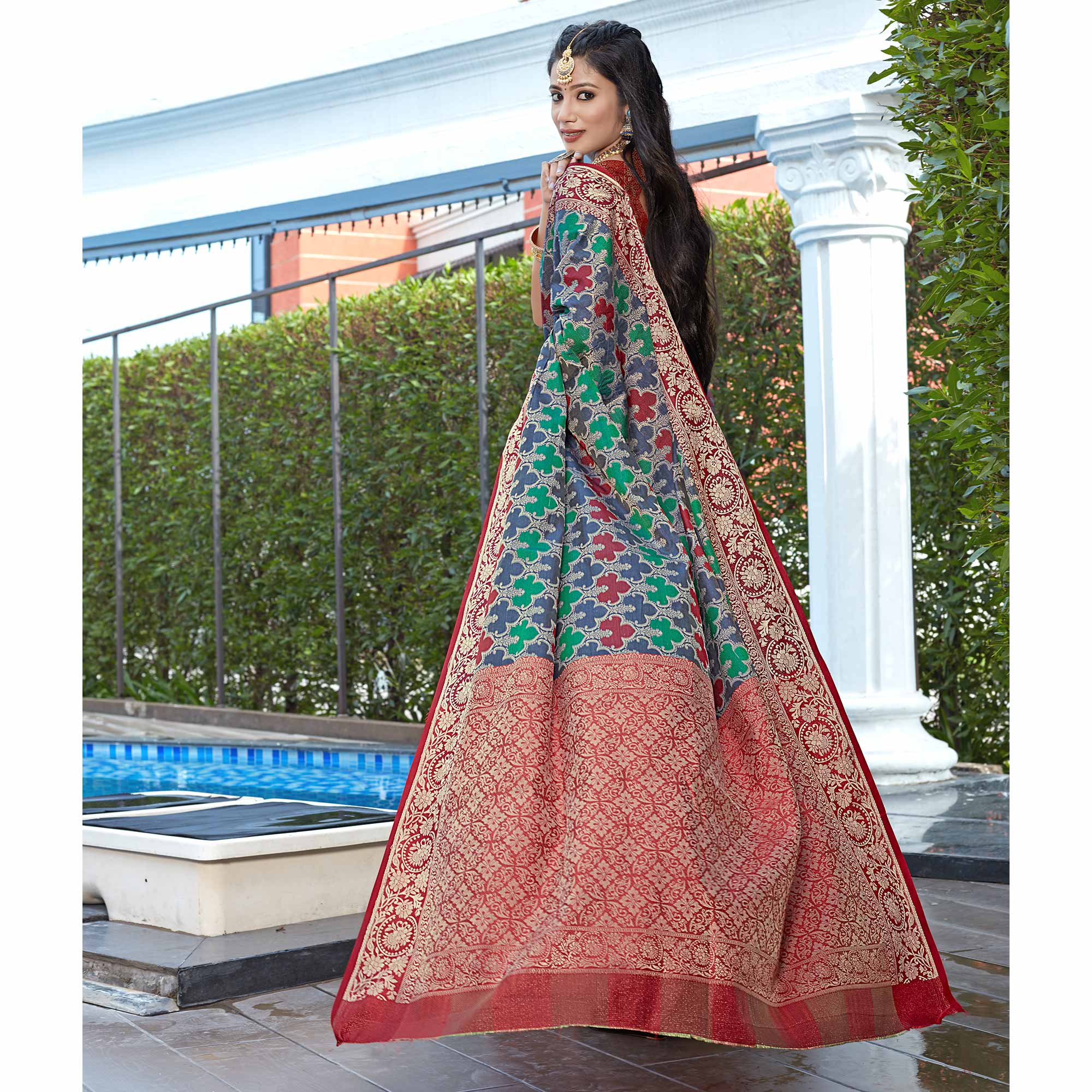 Blue Floral Woven Art Silk Saree