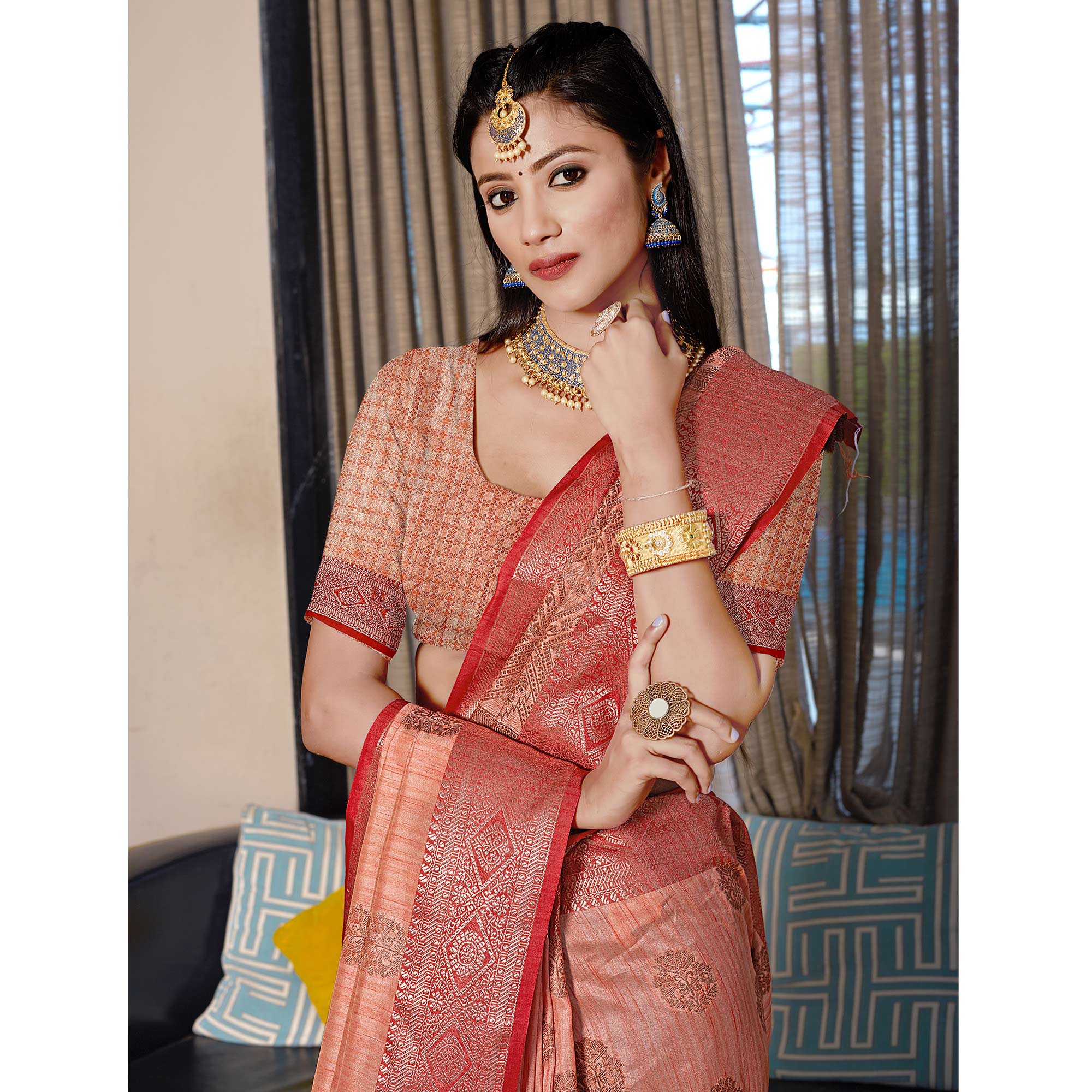 Peach Floral Woven Cotton Blend Saree
