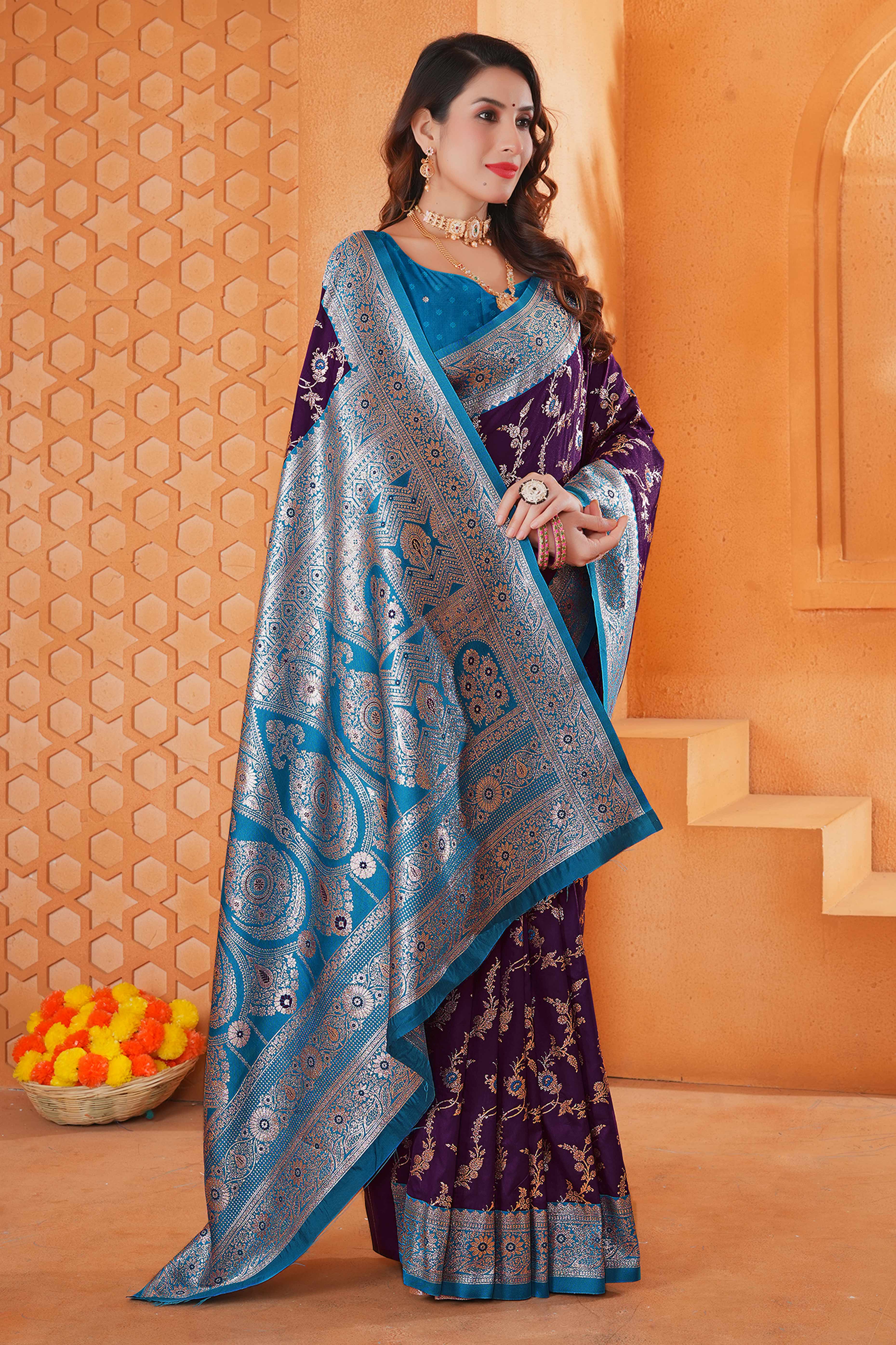 Dark Purple Art Silk Saree With Intricate Floral Banarasi Zari Weaving