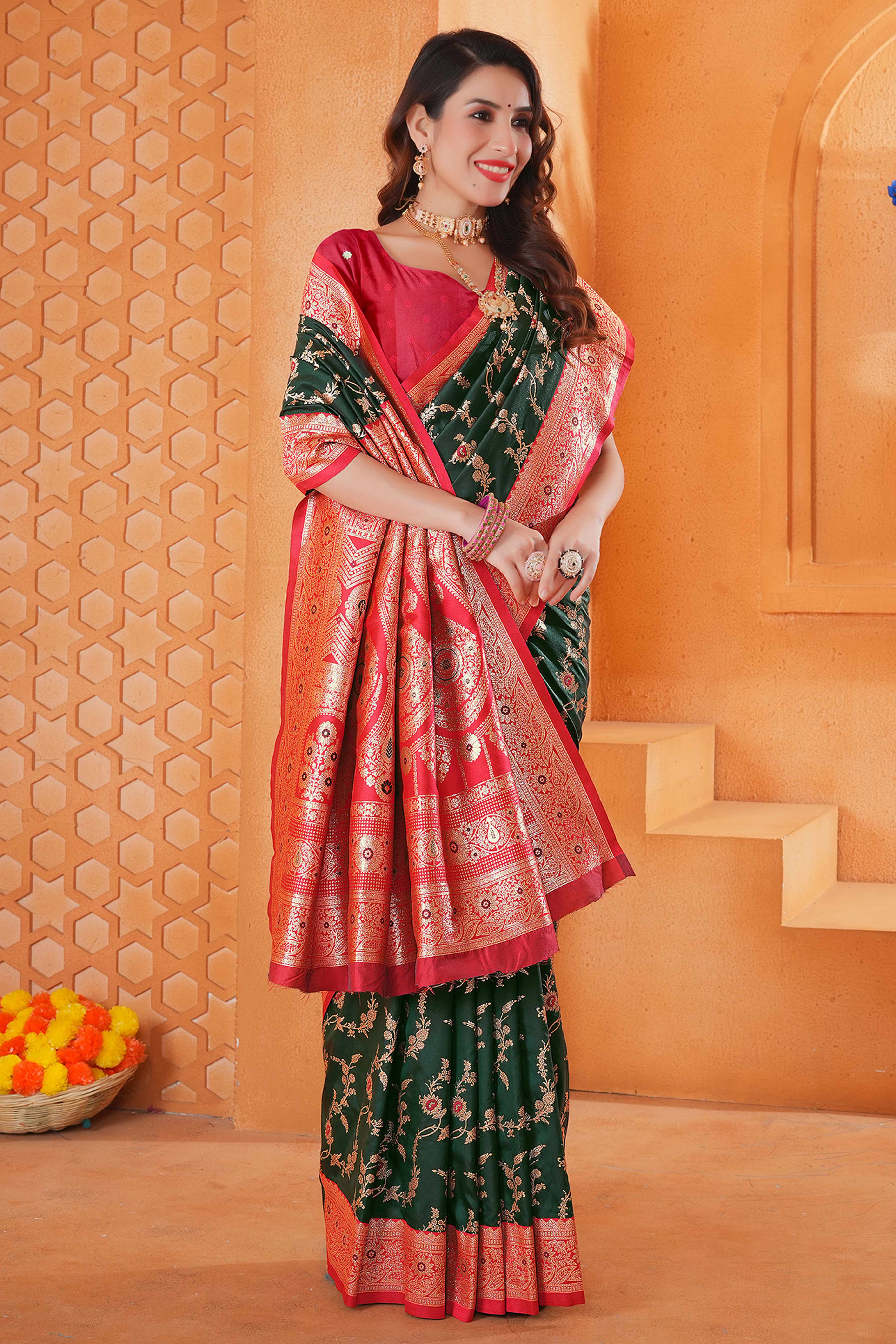 Dark Green Art Silk Saree With Intricate Floral Banarasi Zari Weaving