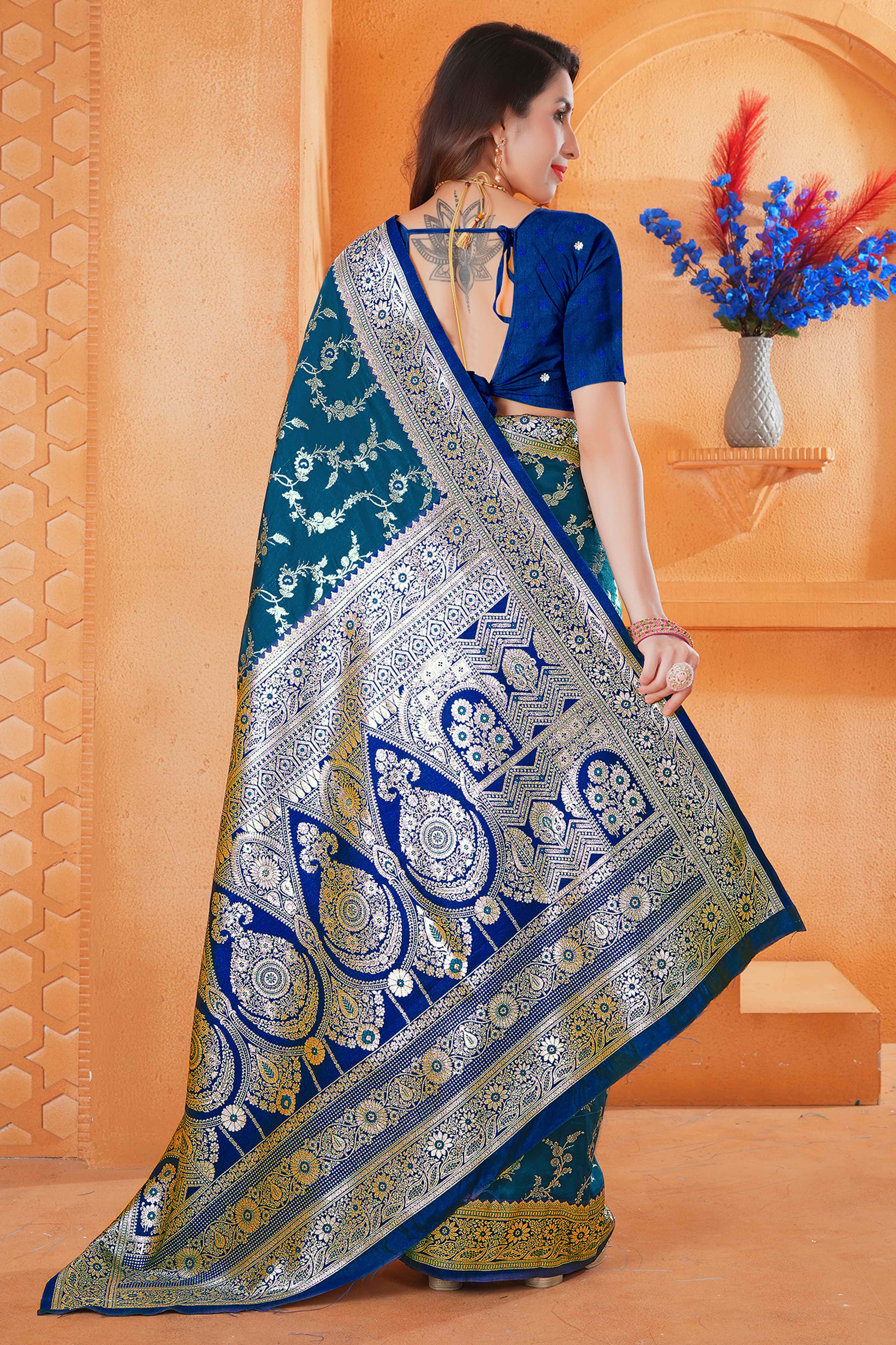 Teal Art Silk Saree With Intricate Floral Banarasi Zari Weaving