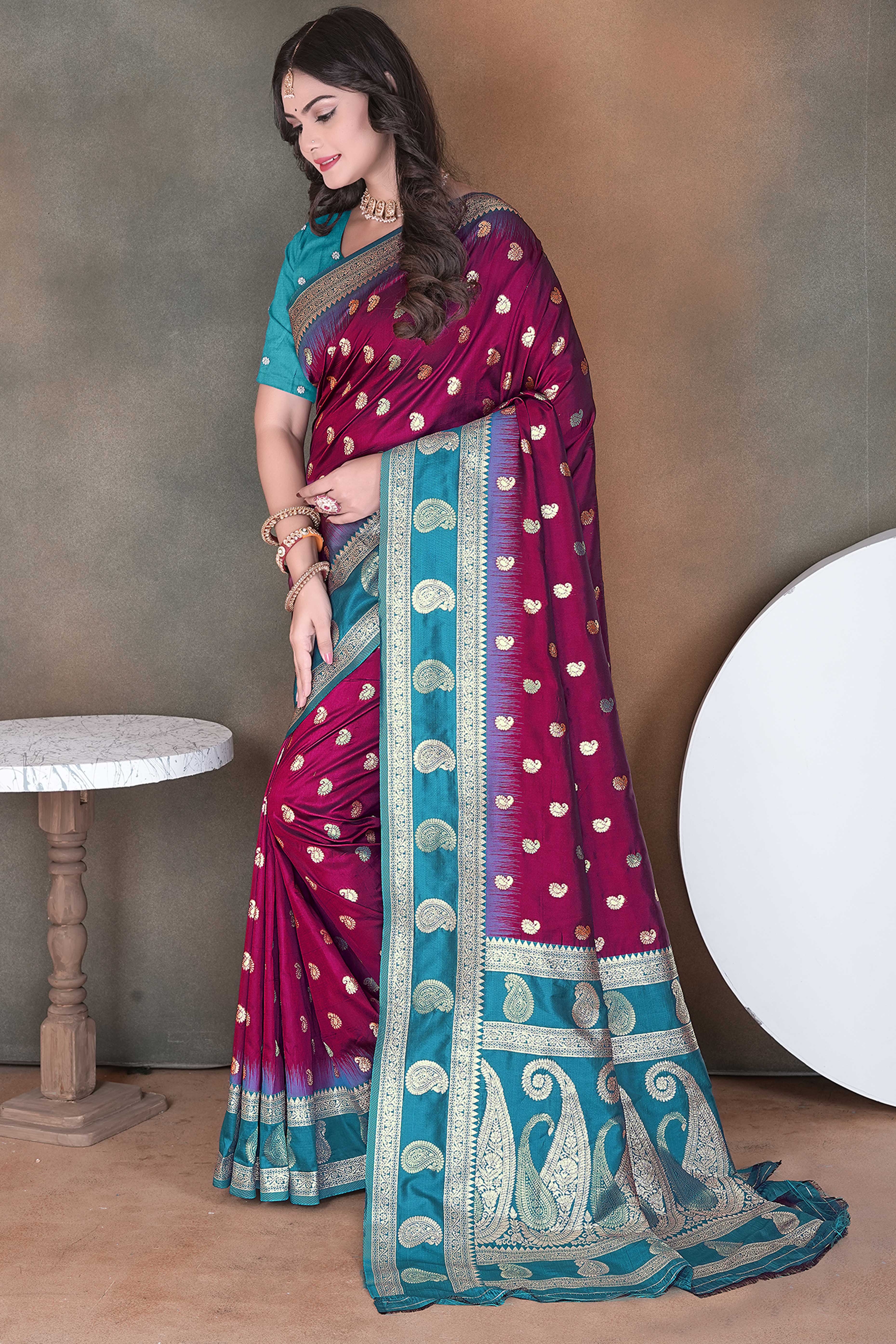 Wine Art Silk Saree Adorned With Zari Woven Paisley Motifs & Rich Banarasi Pallu