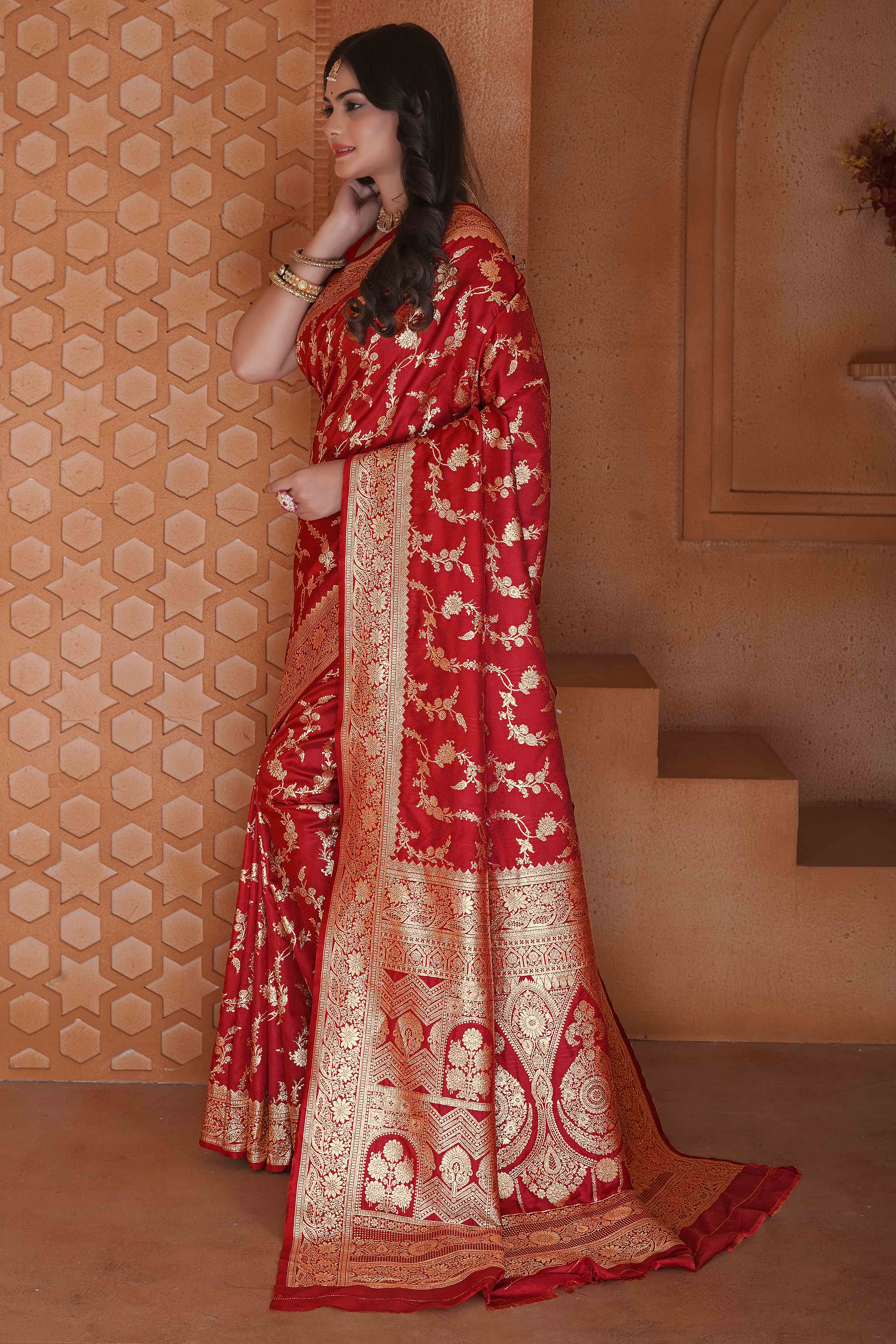 Red Saree in Art Silk Featuring Traditional Zari Woven Floral Motifs for Special Occasions