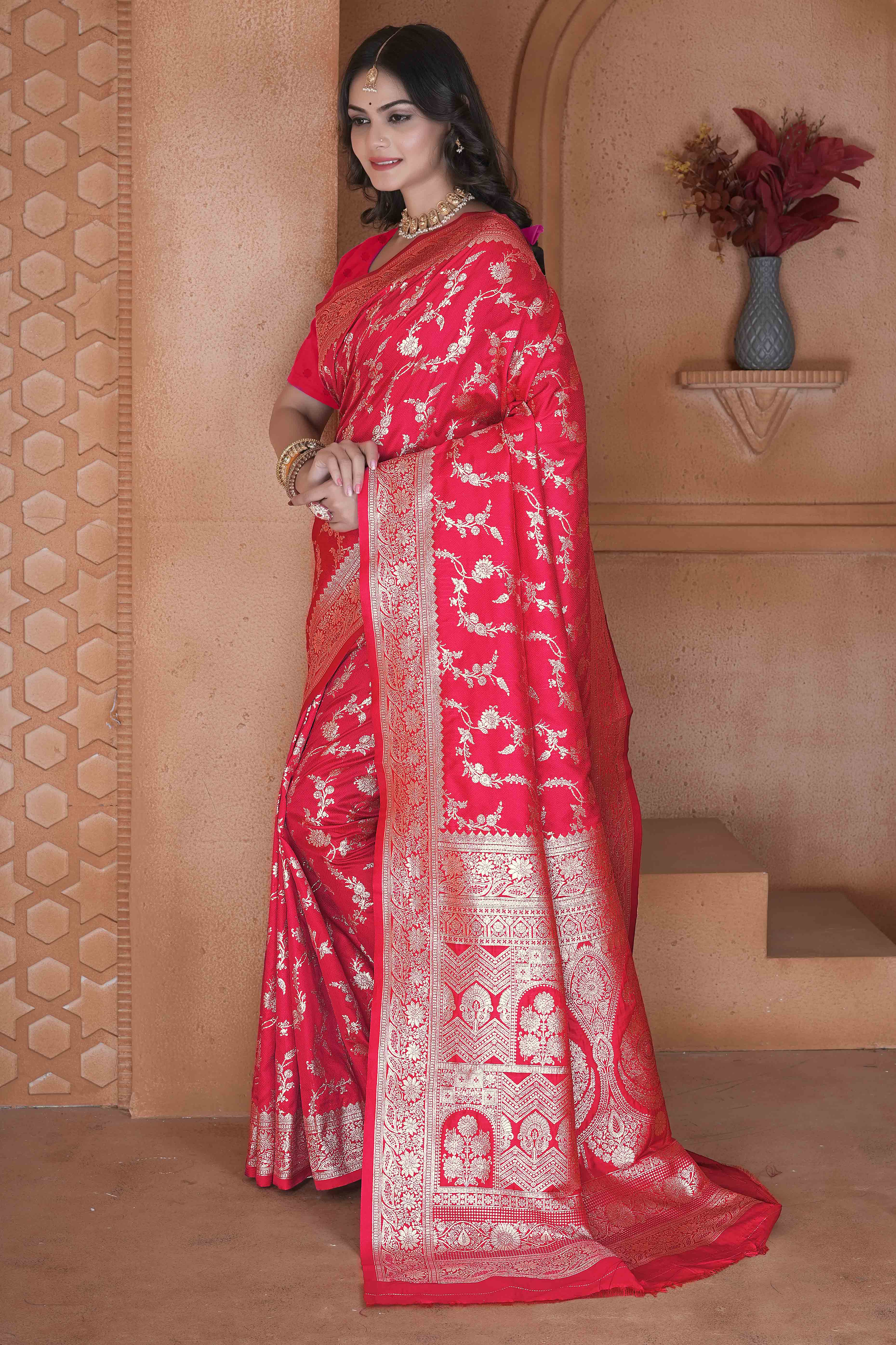 Pink Saree in Art Silk Featuring Traditional Zari Woven Floral Motifs for Special Occasions
