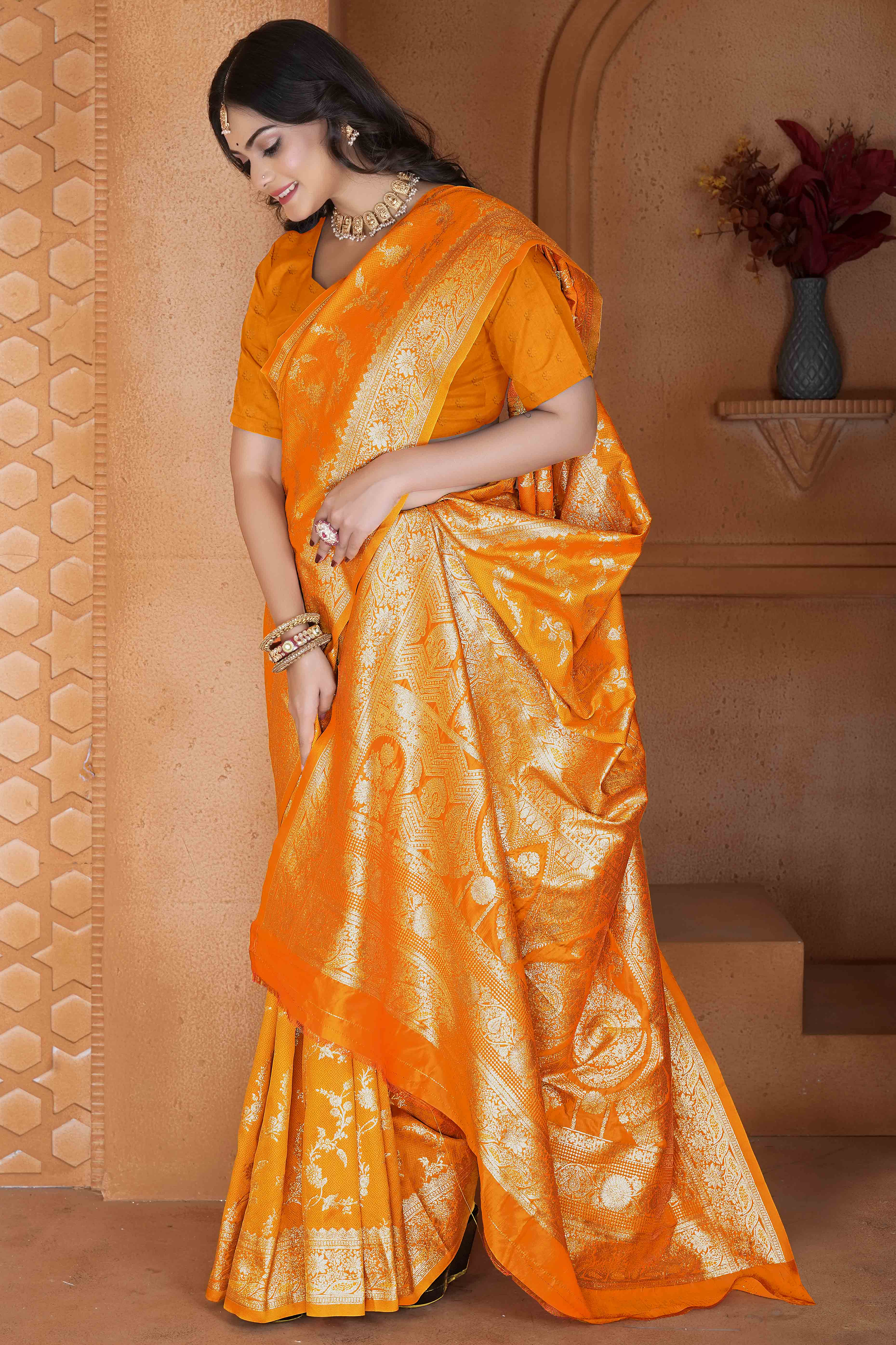 Mustard Saree in Art Silk Featuring Traditional Zari Woven Floral Motifs for Special Occasions