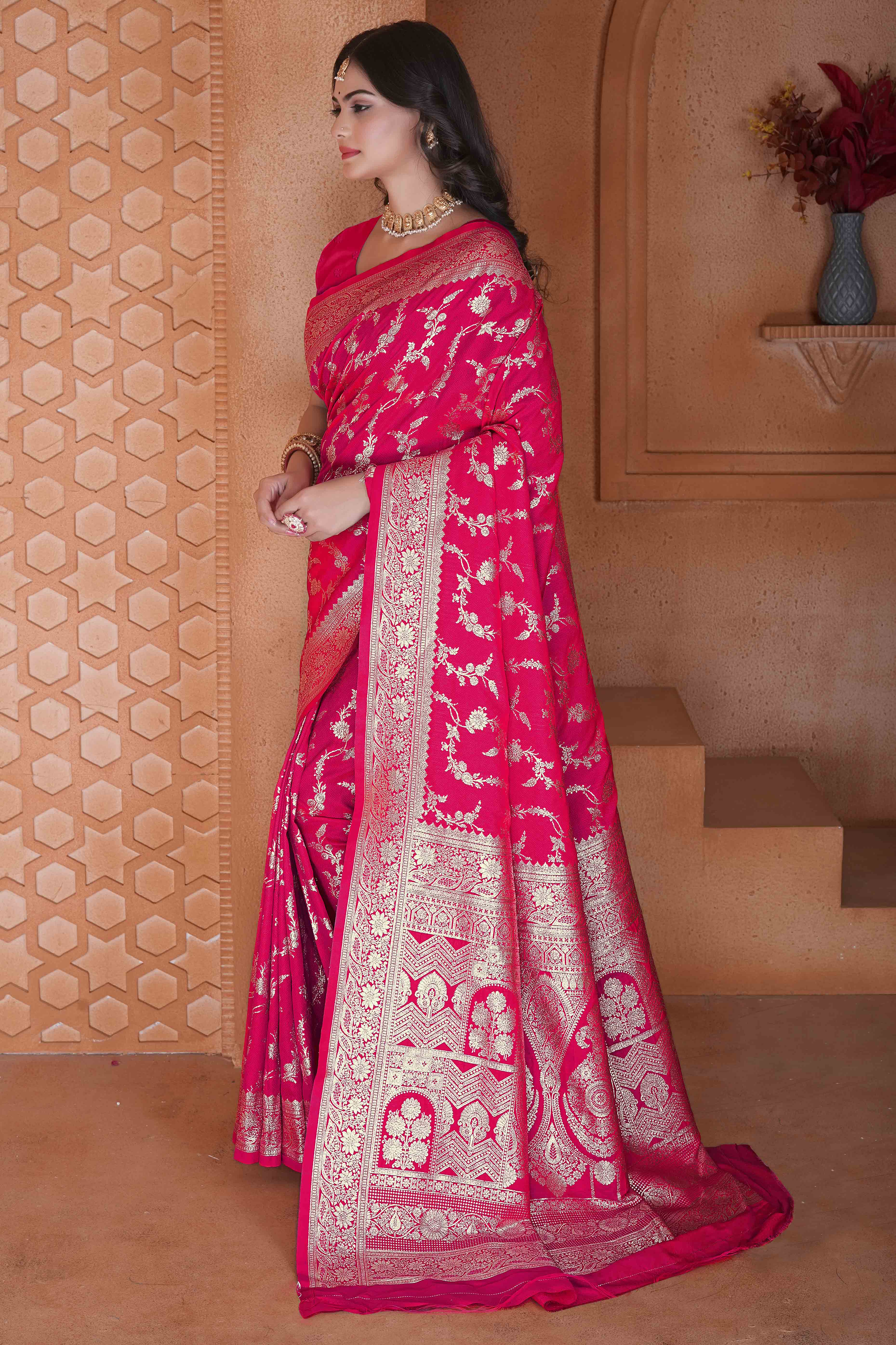 Pink Saree in Art Silk Featuring Traditional Zari Woven Floral Motifs for Special Occasions