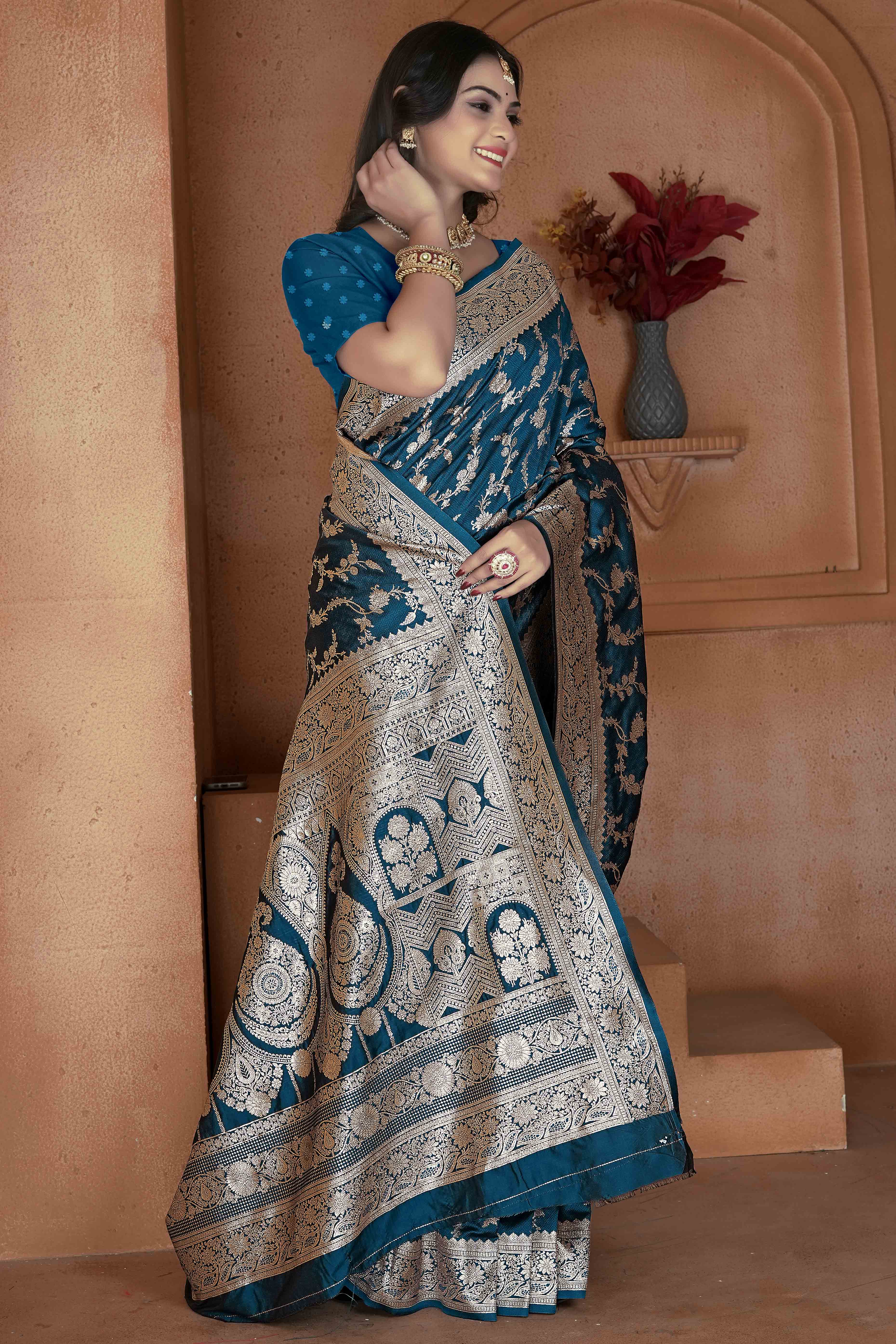 Teal Saree in Art Silk Featuring Traditional Zari Woven Floral Motifs for Special Occasions
