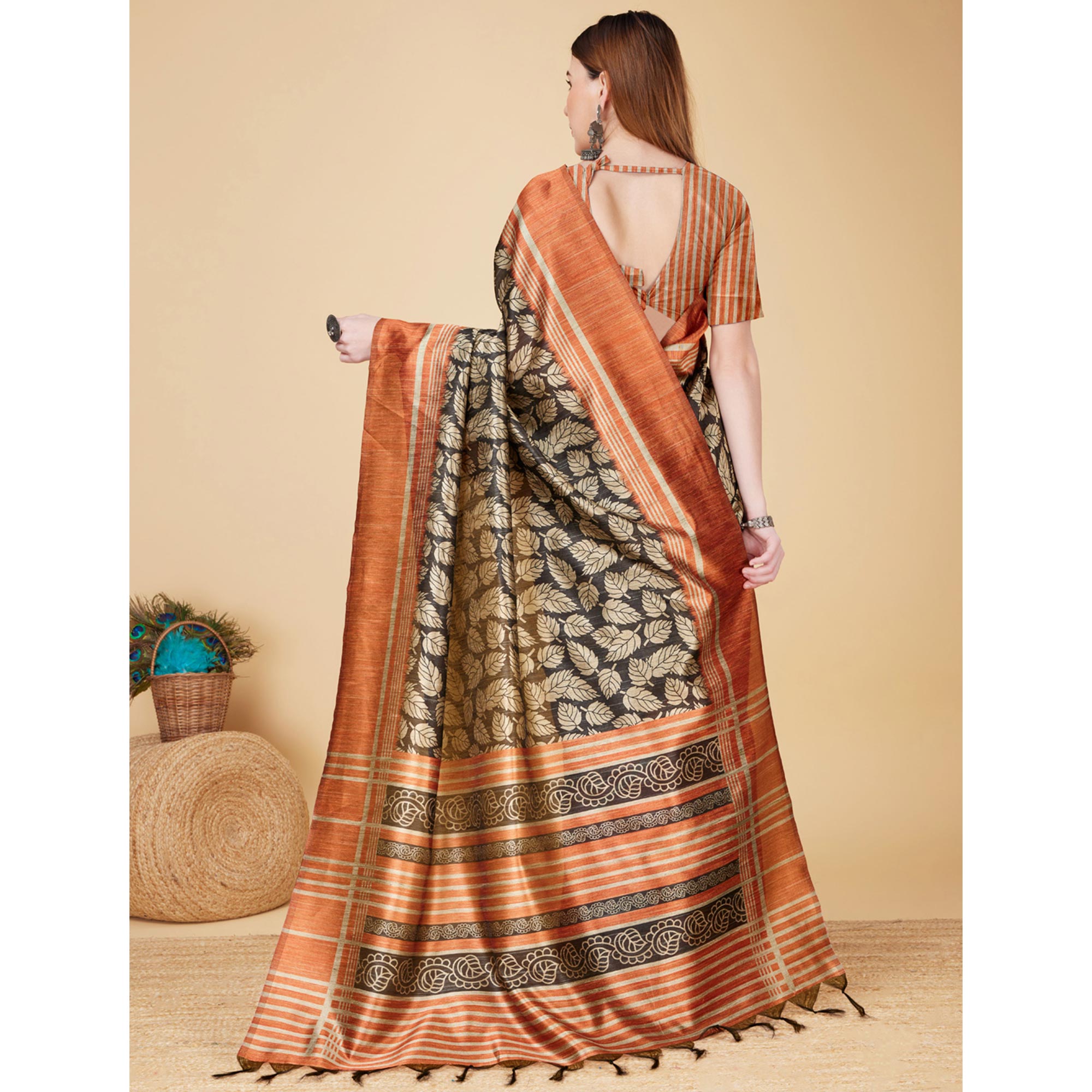 Black & Rust Printed Bhagalpuri Silk Saree With Tassels