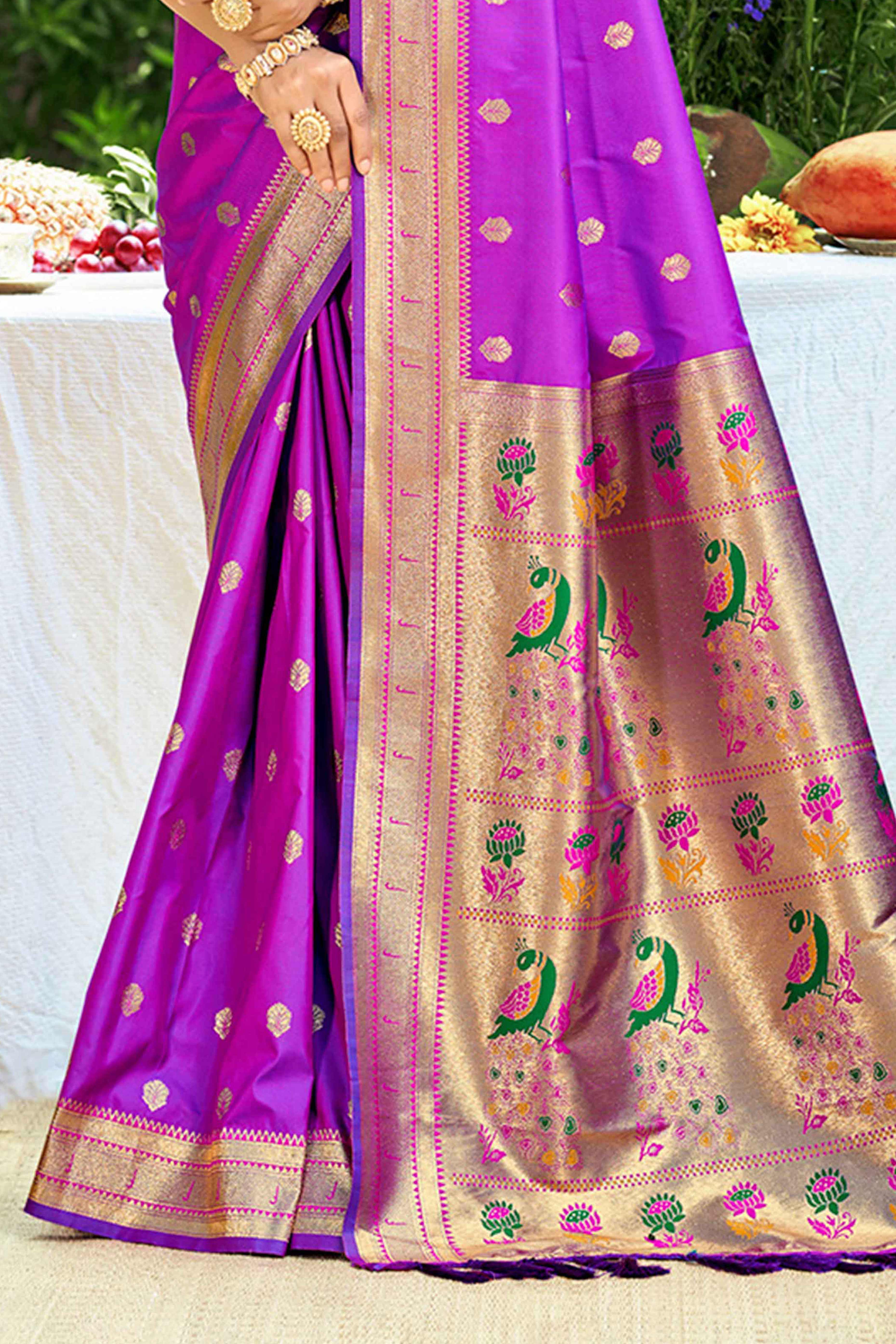 Purple Zari Weaving Silk Blend Saree Adorned With Intricate Peacock Motif Pallu & Graceful Tassel