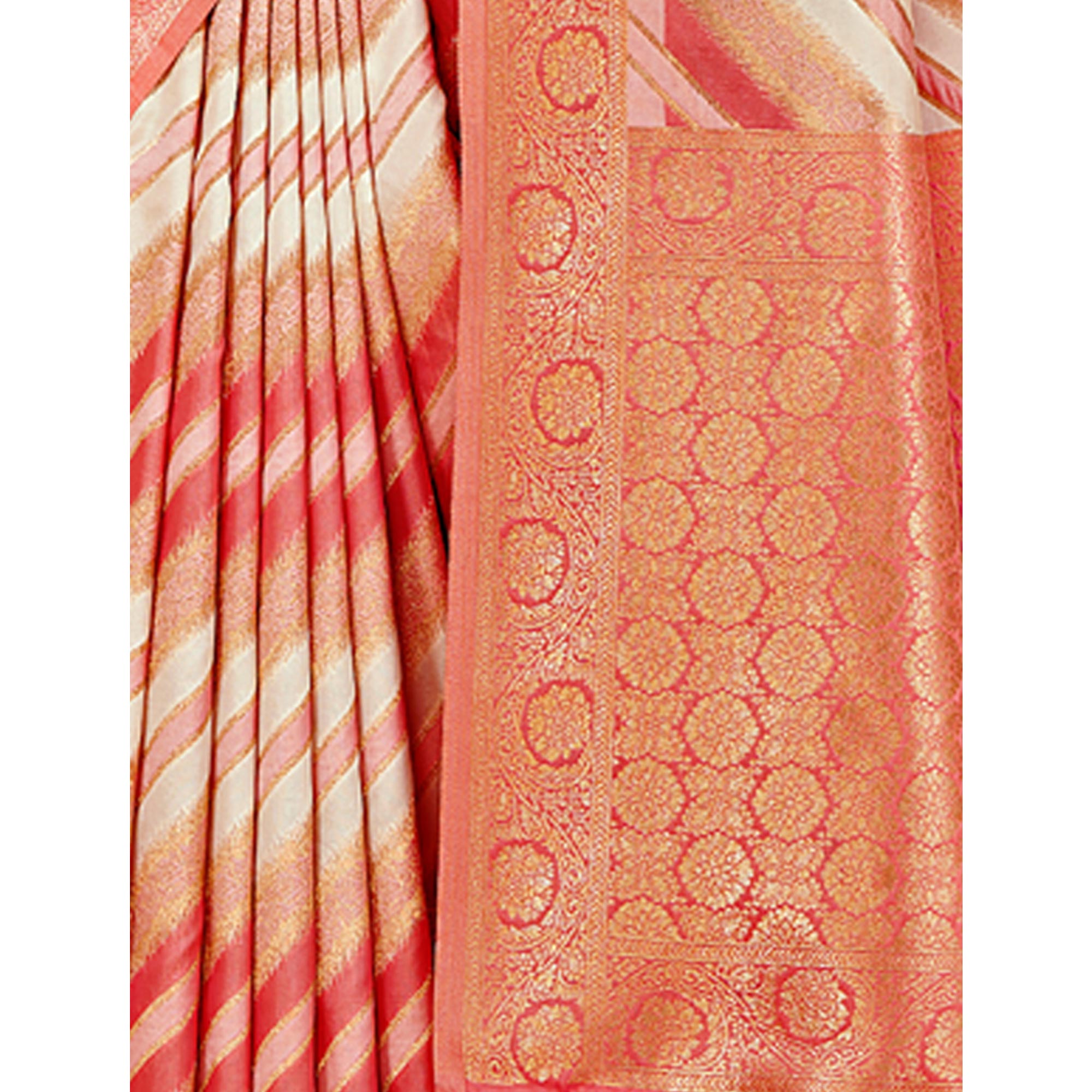 Peach Woven Cotton Silk Saree With Tassels