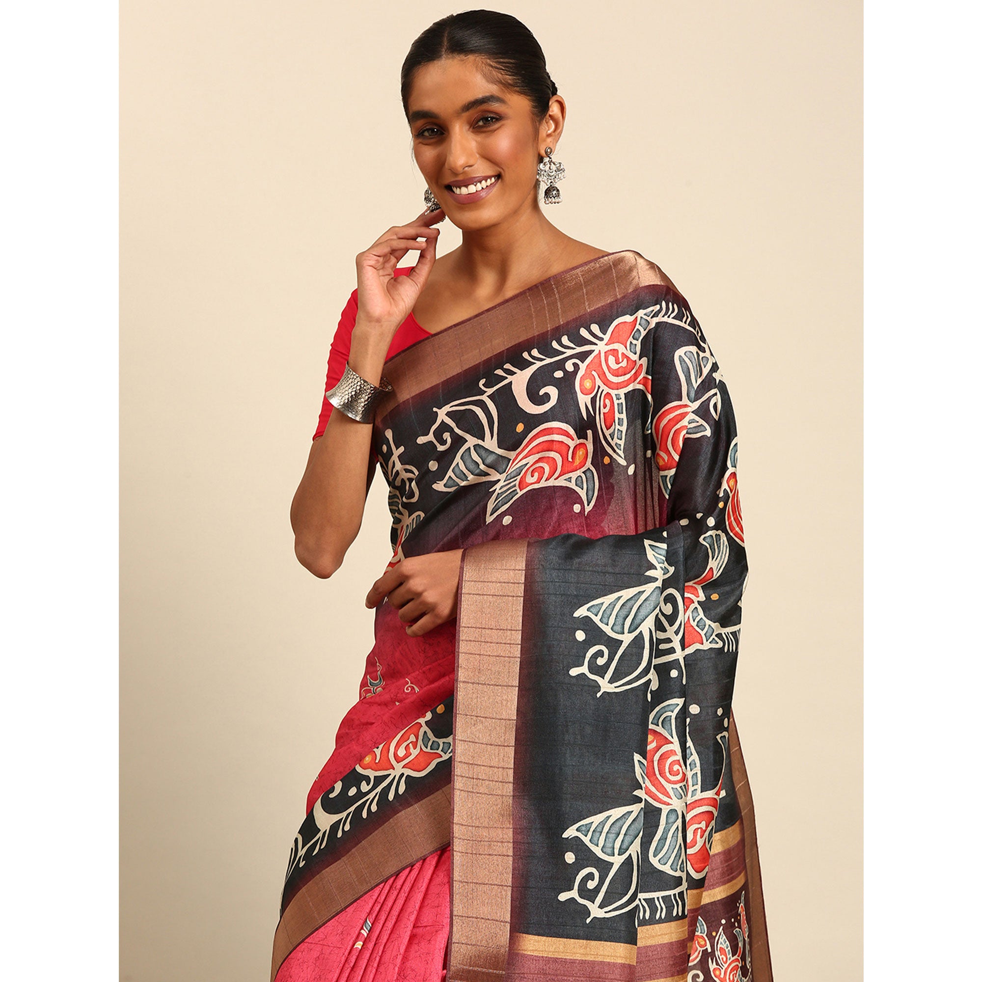 Pink & Black Digital Printed Cotton Blend Saree With Woven Border