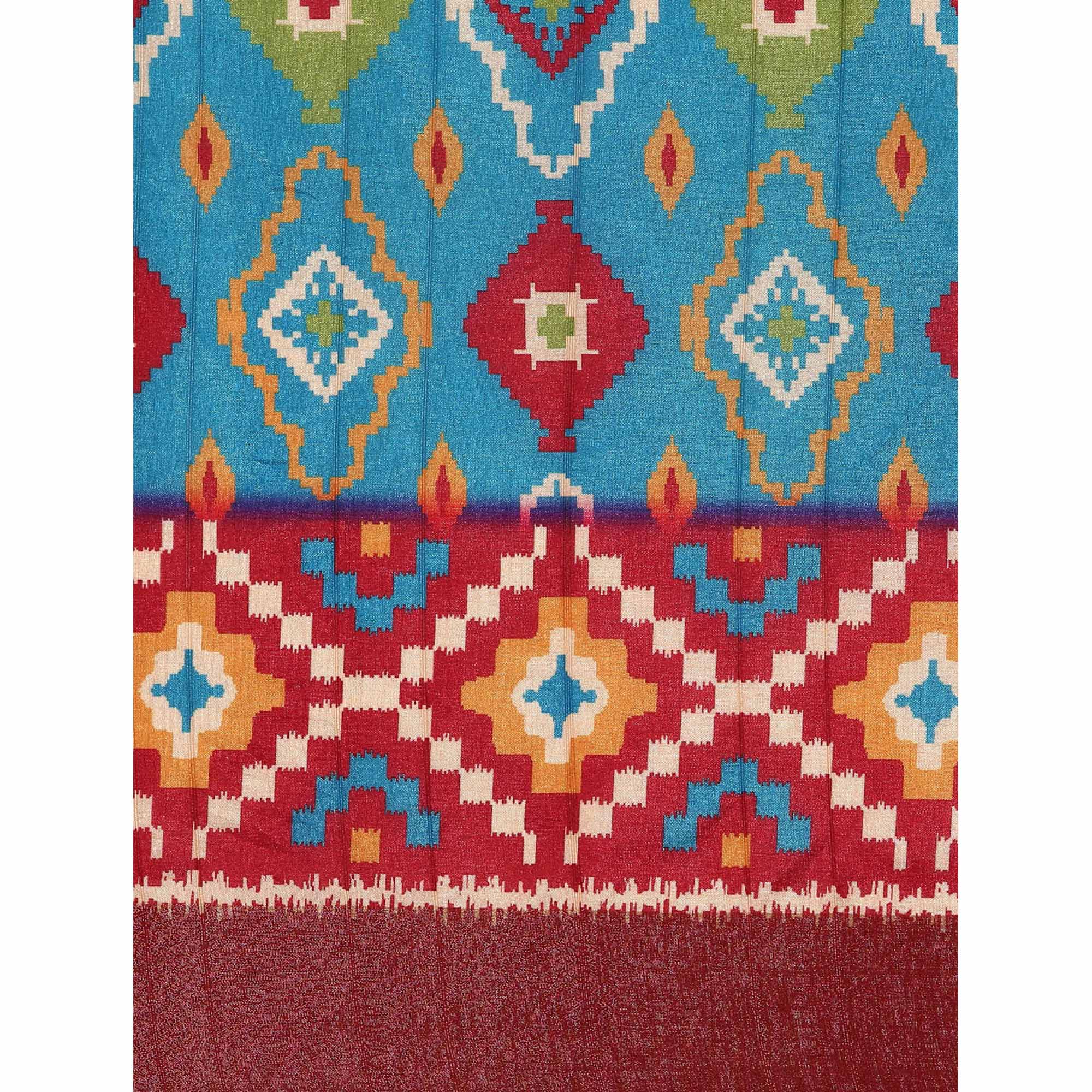 Blue Digital Printed Cotton Blend Saree With Woven Border