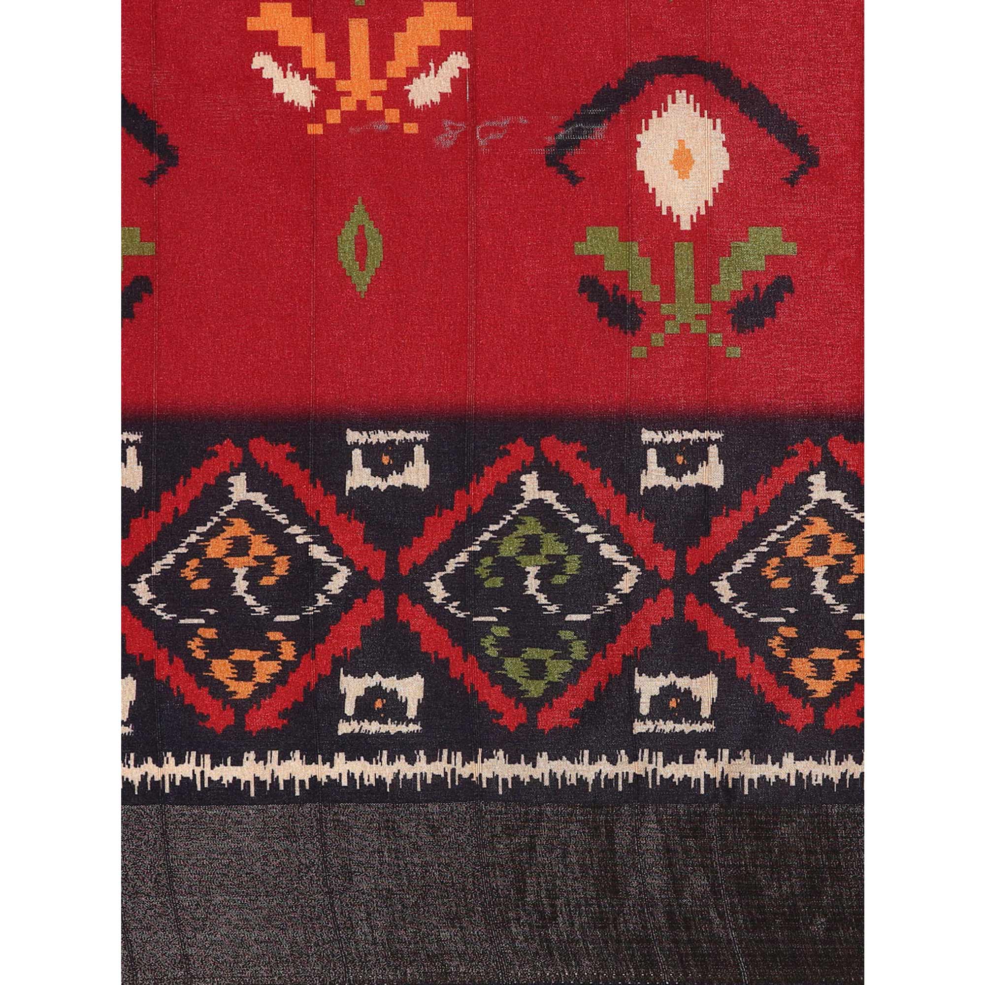 Red Digital Printed Cotton Blend Saree With Woven Border