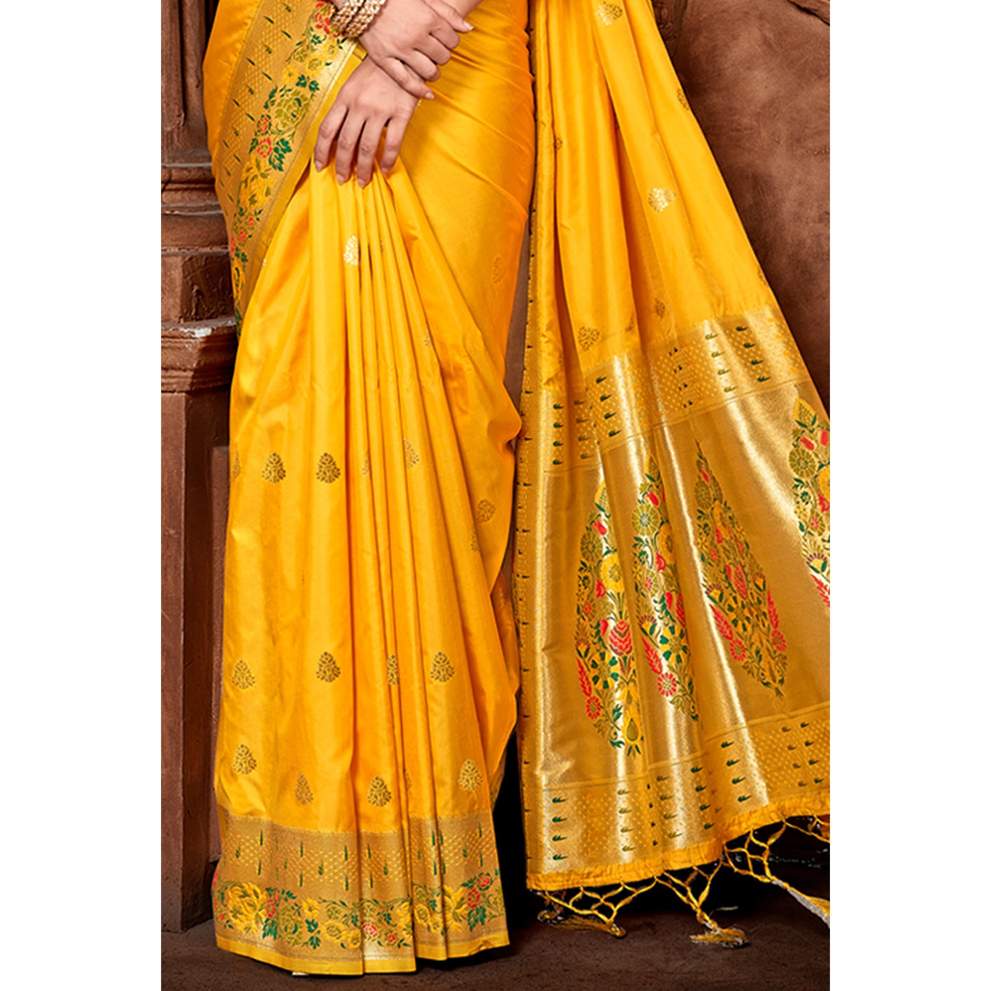 Yellow Woven Paithani Banarasi Silk Saree With Tassels