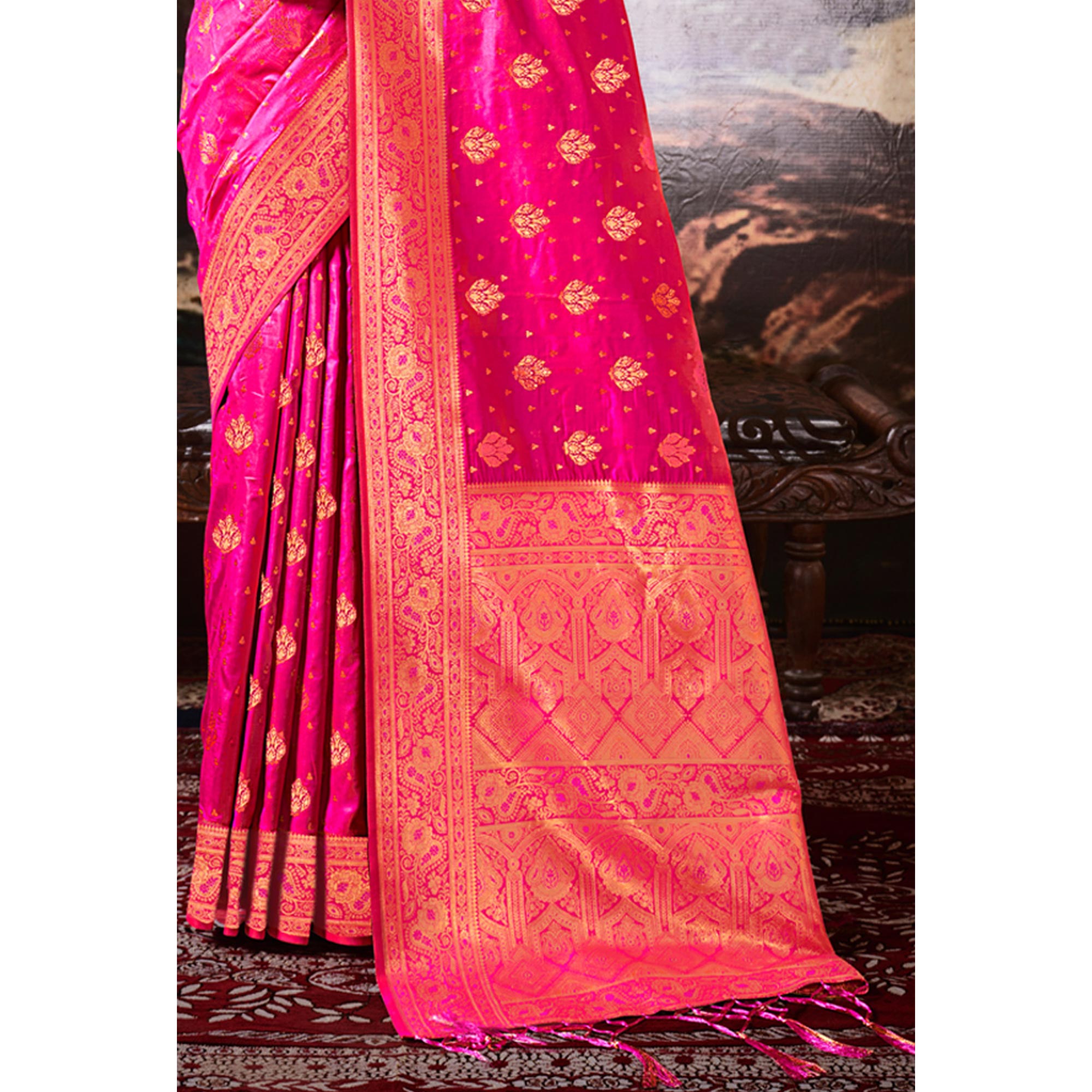 Pink Floral Woven Banarasi Silk Saree With Tassels