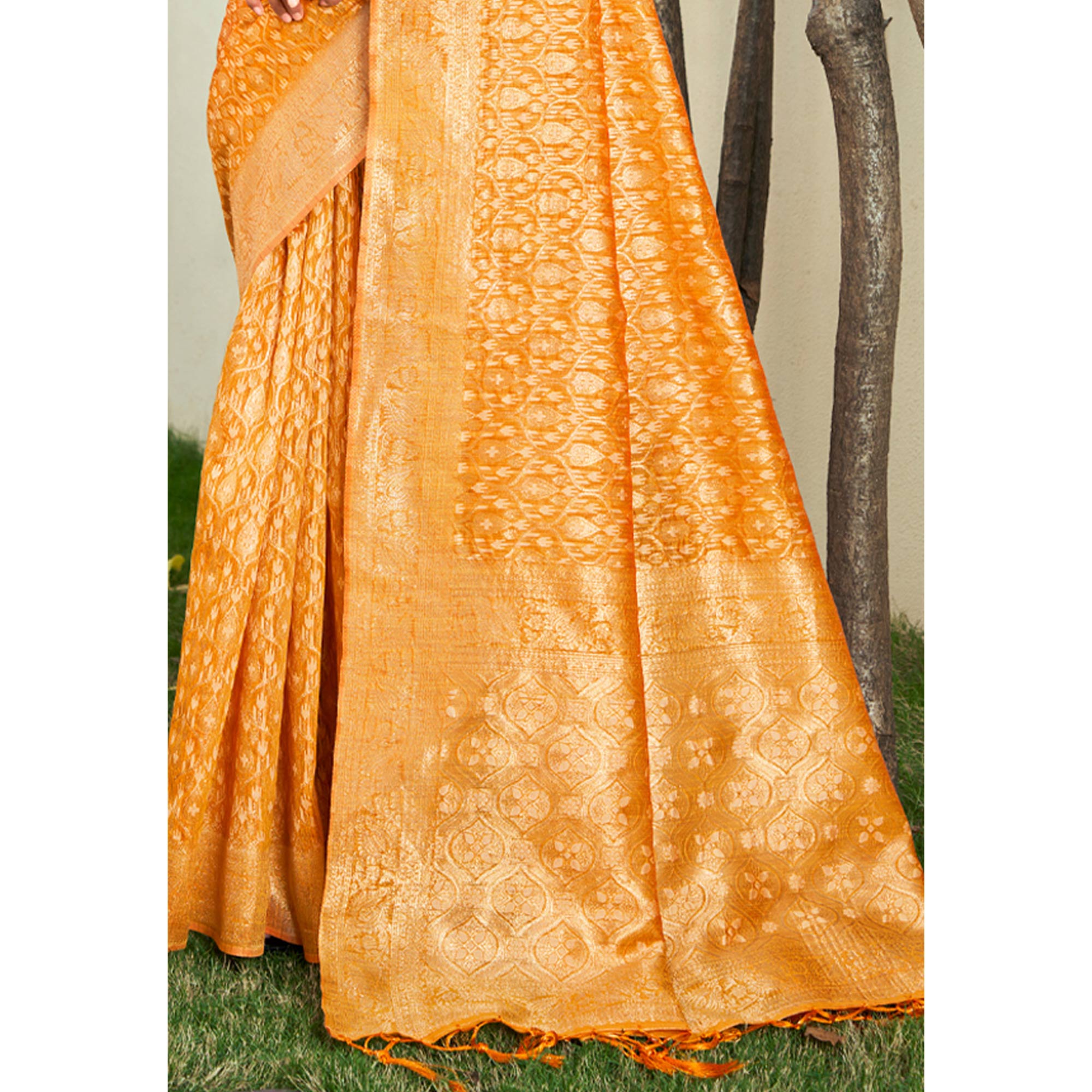 Mustard Floral Woven Cotton Blend Saree With Tassels