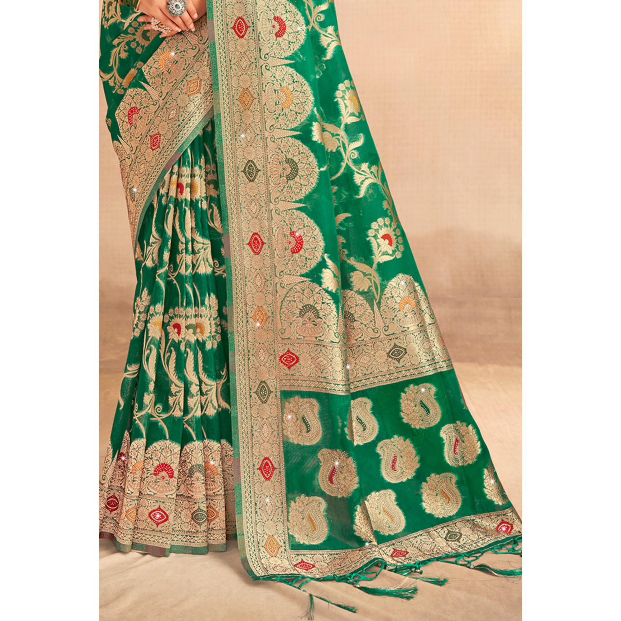 Green Woven Organza Saree With Tassels