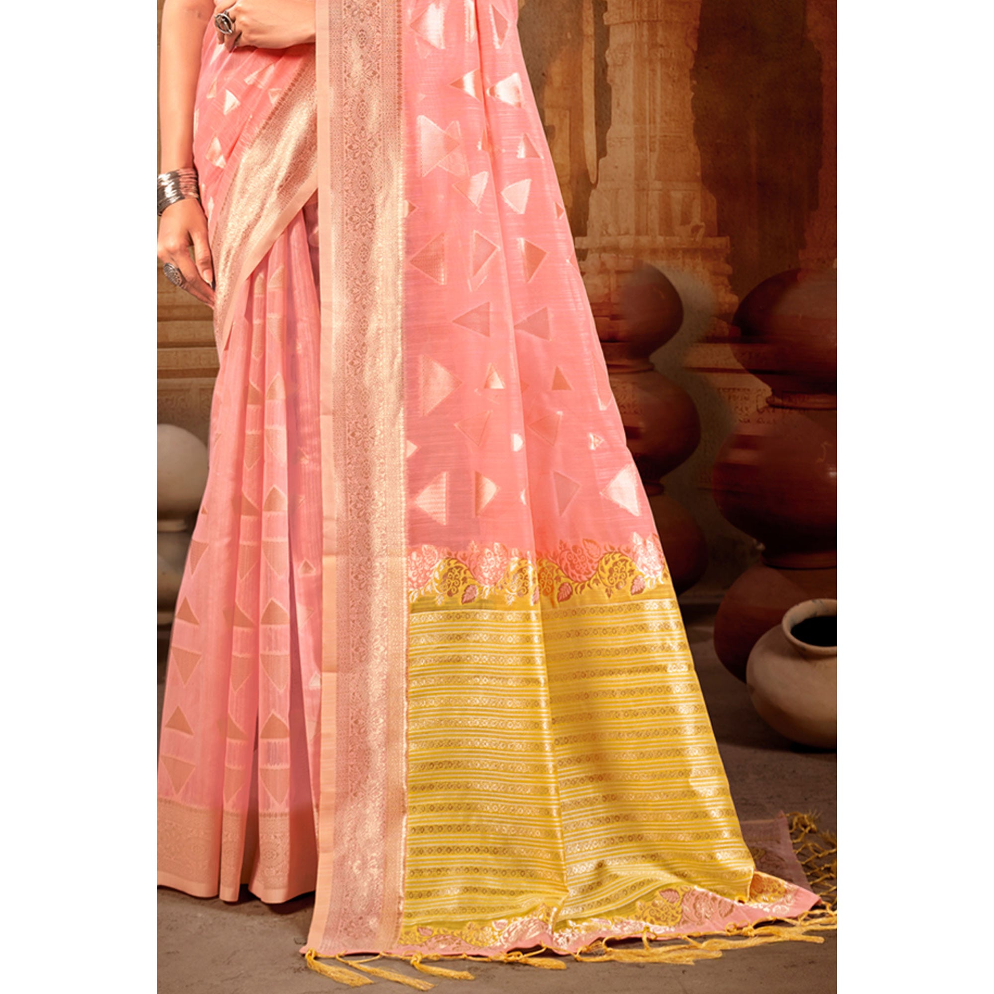 Peach Woven Linen Saree With Tassels
