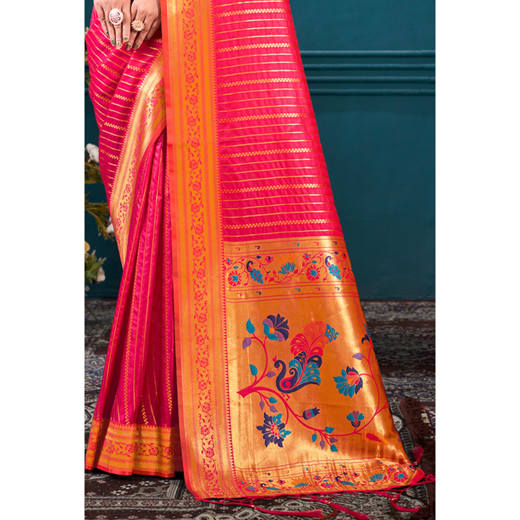 Pink Woven Paithani Raw Silk Saree With Tassels