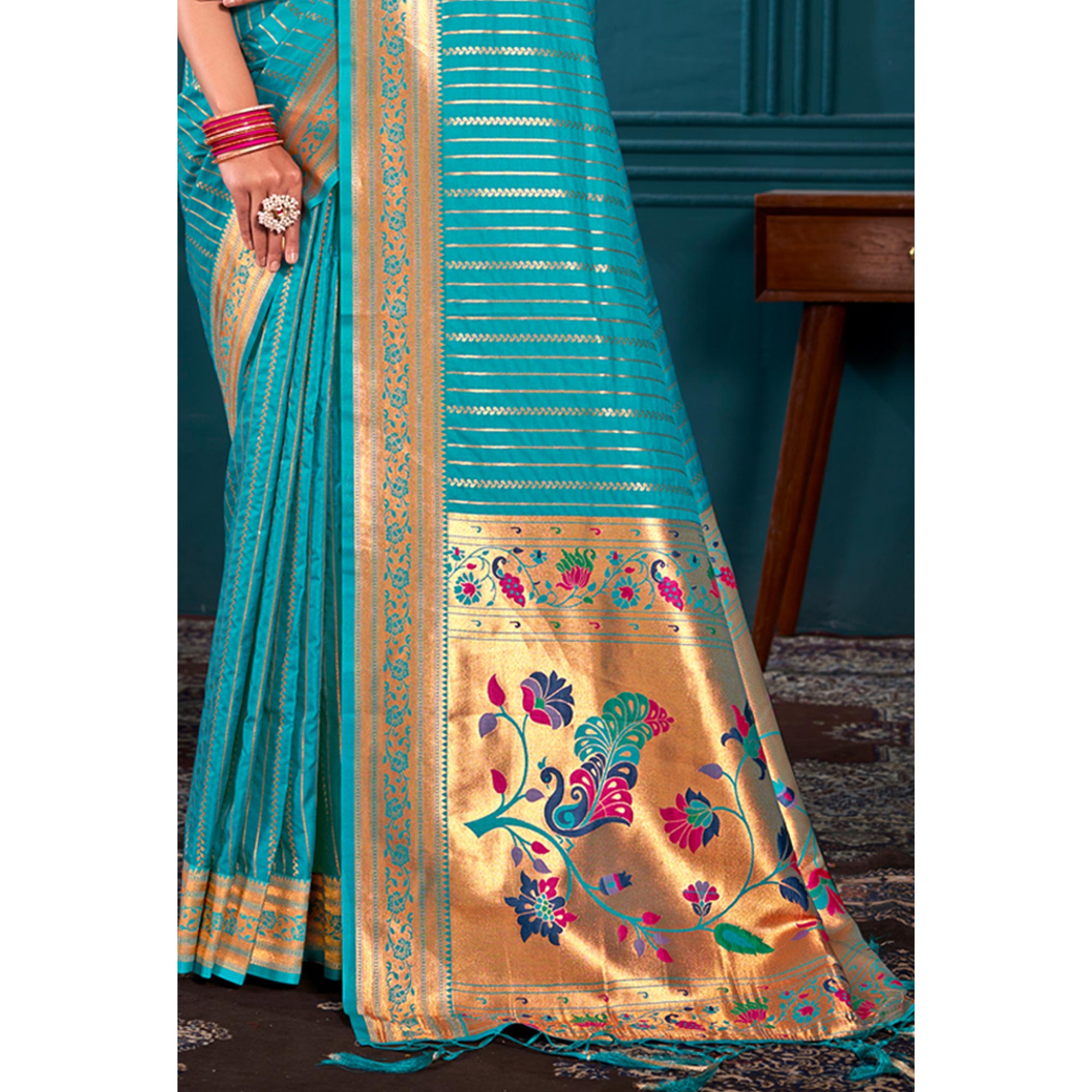 Turquoise Woven Paithani Raw Silk Saree With Tassels